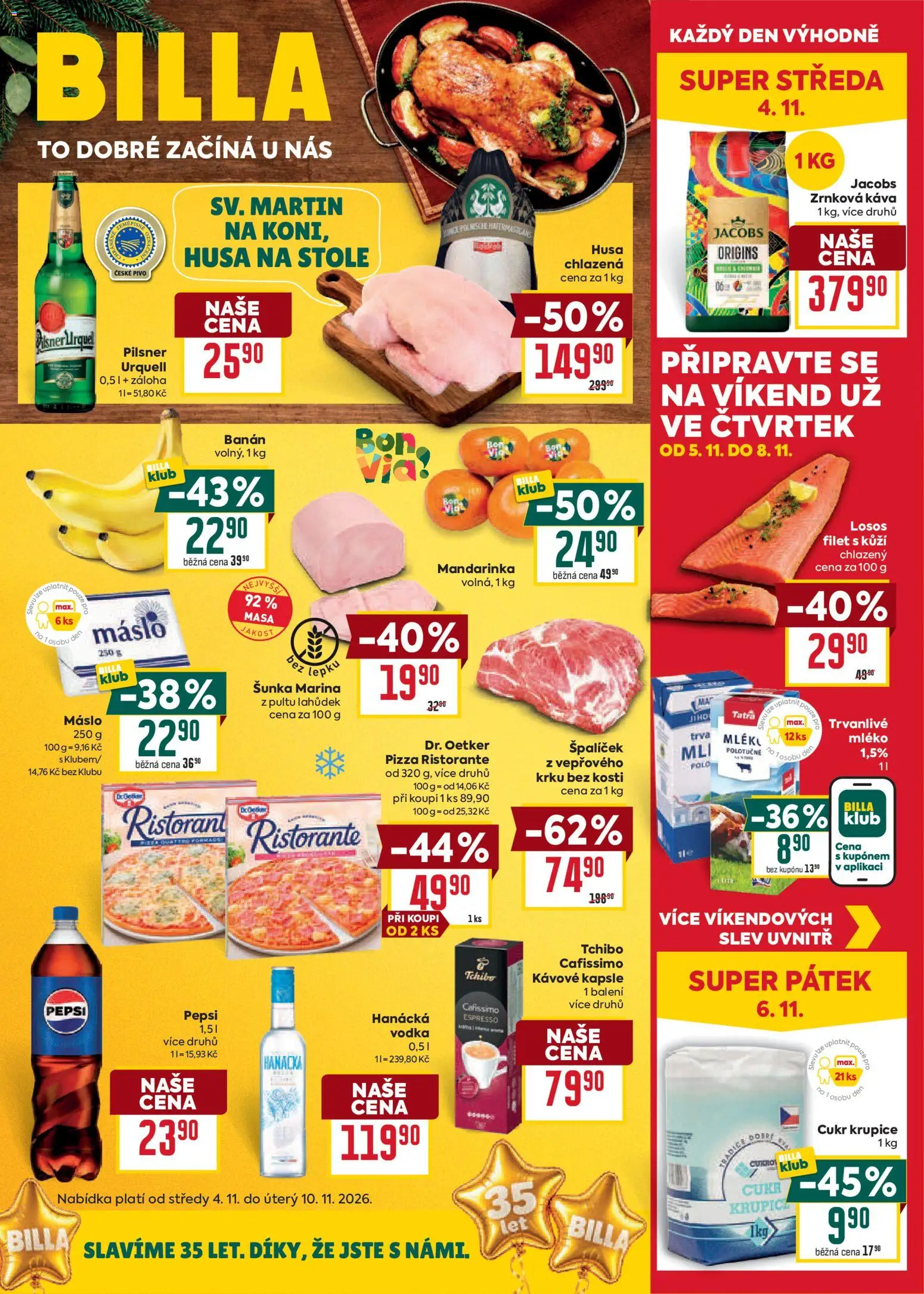 Billa Malý leták od 04.11.2026 | Strana: 1 | Produkty: Šunka, Pepsi, Tchibo, Banán