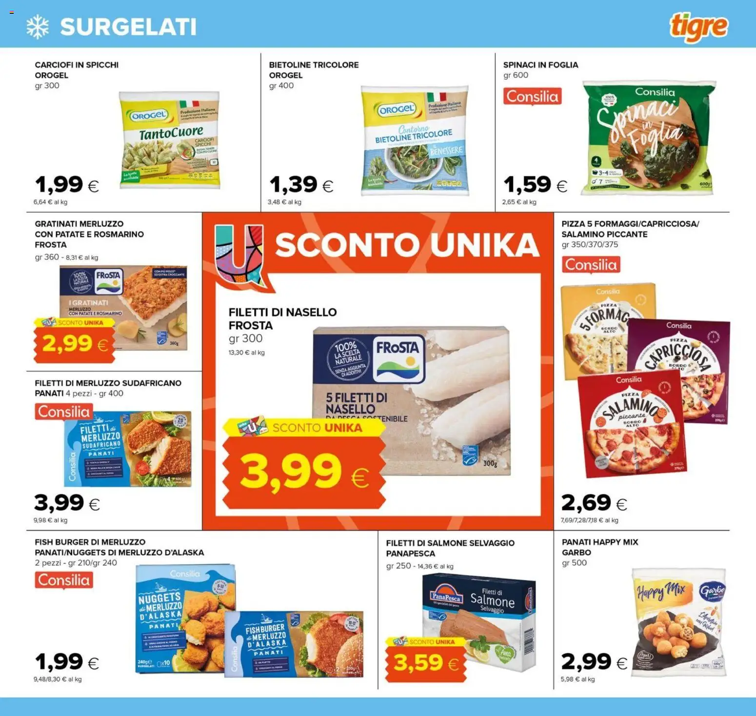 Volantino Tigre del 14/09/2026 | Pagina: 5 | Prodotti: Merluzzo d’Alaska, Pizza, Patate, Spinaci