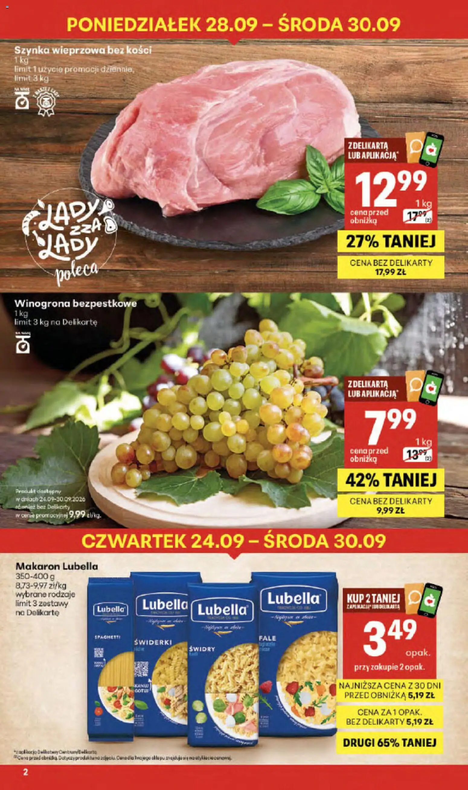 Delikatesy Centrum gazetka - Sklepy Własne od 24.09.2026 | Strona: 2 | Produkty: Winogrona, Spaghetti, Winogrona bezpestkowe, Szynka