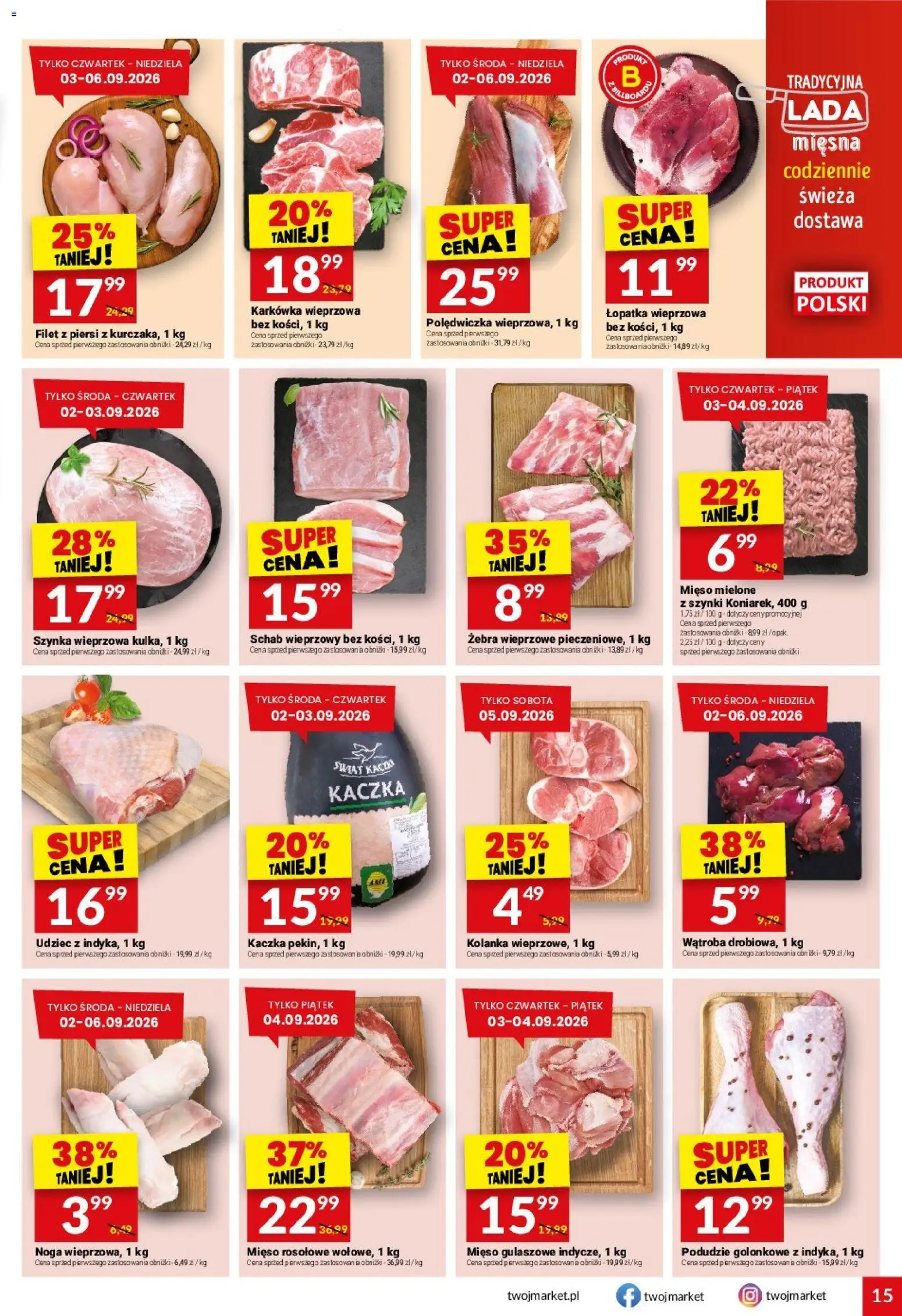 Twój Market gazetka od 02.09.2026 | Strona: 15 | Produkty: Karkówka, Schab, Piersi, Łopatka wieprzowa
