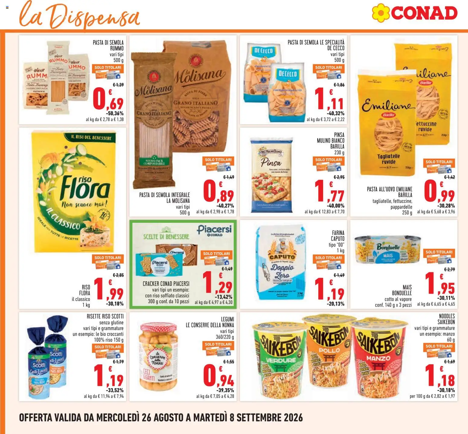 Volantino Conad del 26/08/2026 | Pagina: 14 | Prodotti: Pizza, Farina, Crackers, Mais