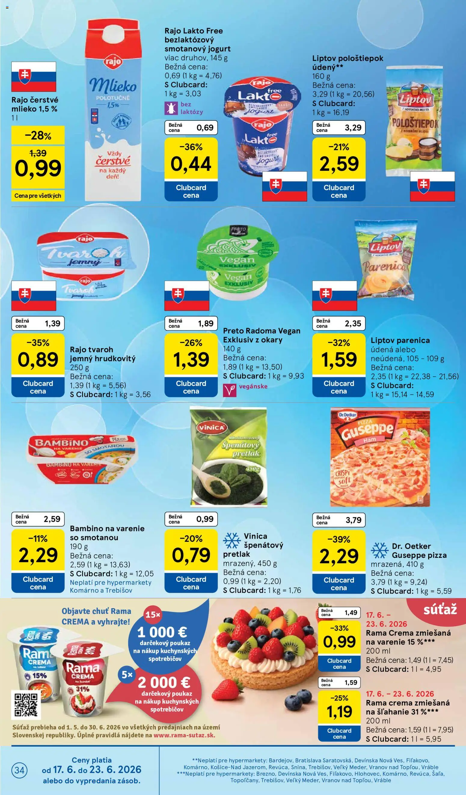 Nové Tesco akcie – leták je platný od 17.06.2026 | Strana: 34 | Produkty: Jogurt, Pizza, Tvaroh, Rama