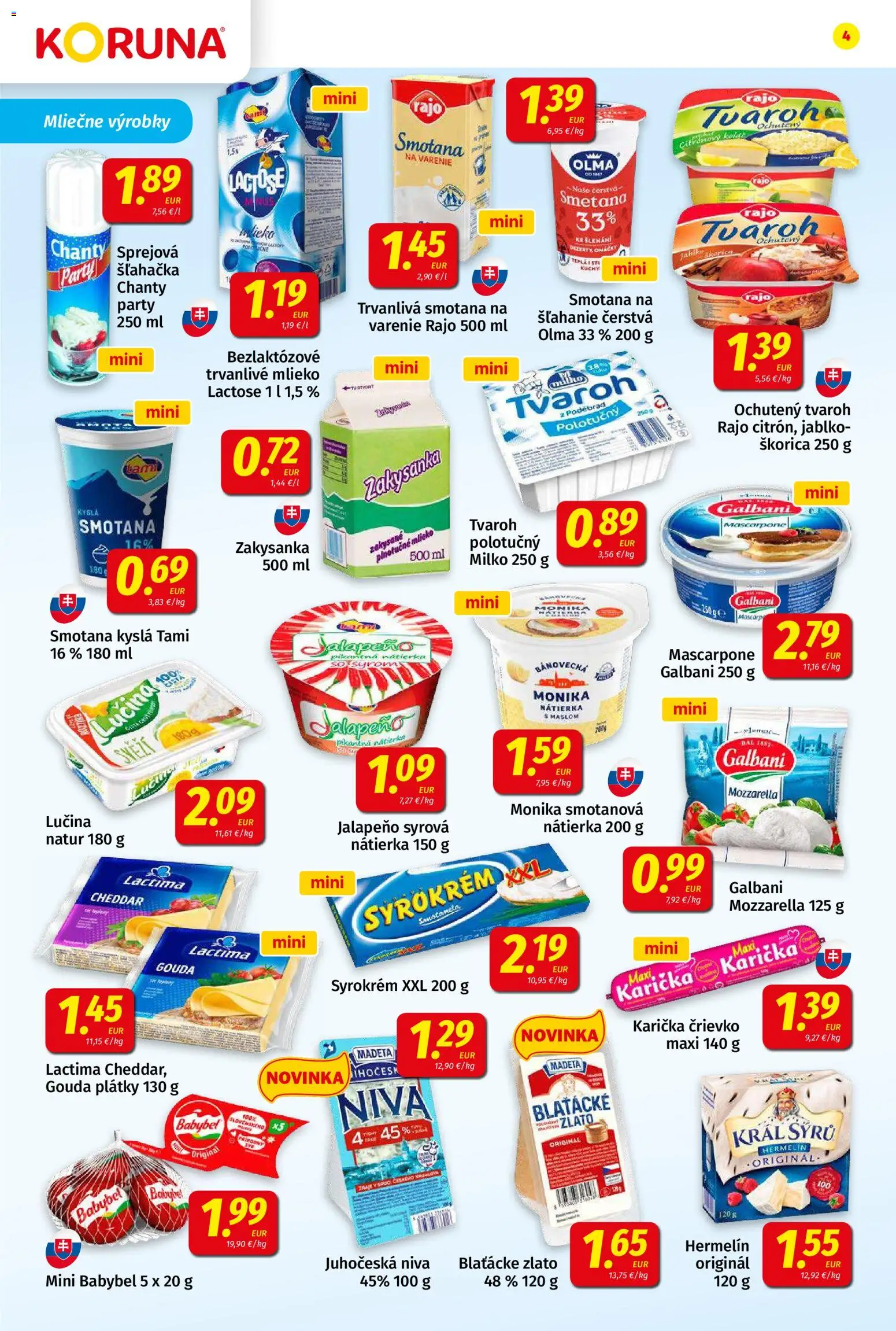 Nové Koruna akcie – leták je platný od 08.05.2026 | Strana: 4 | Produkty: Smotana, Mascarpone, Trvanlivé mlieko, Šľahačka