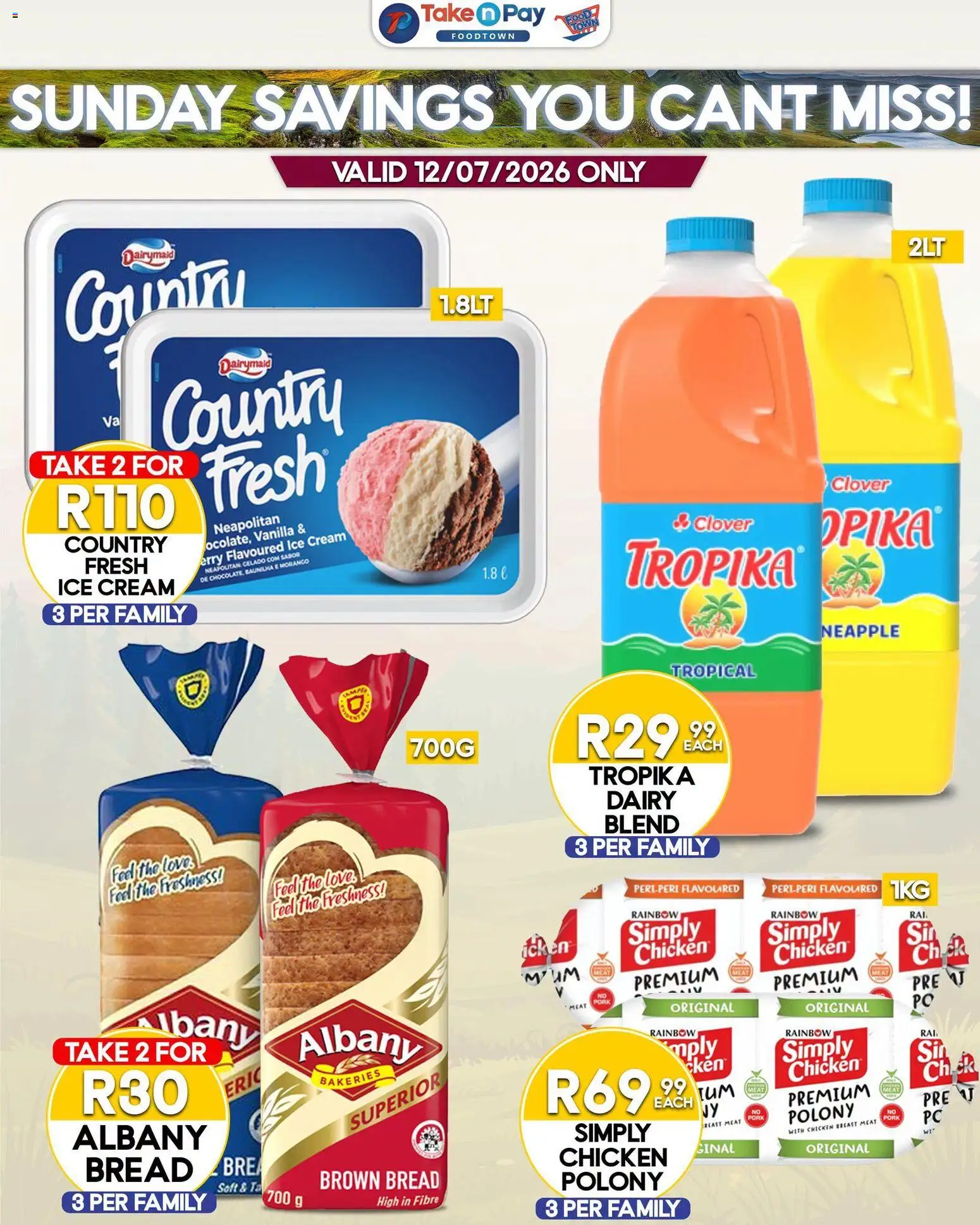 New Take n Pay catalogue – valid from 19/07/2026 | Page: 3 | Products: Bread, Chicken, Cream, Ice cream