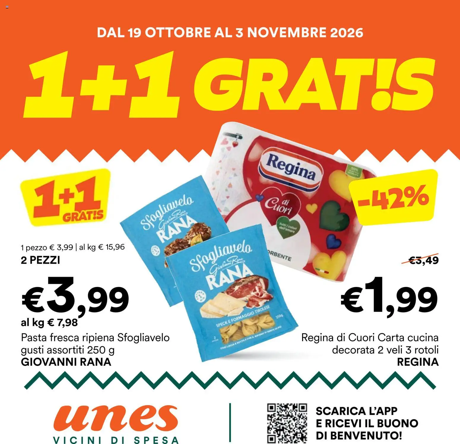 Volantino Unes del 19/10/2026 | Pagina: 1 | Prodotti: Speck, Formaggio, Pasta