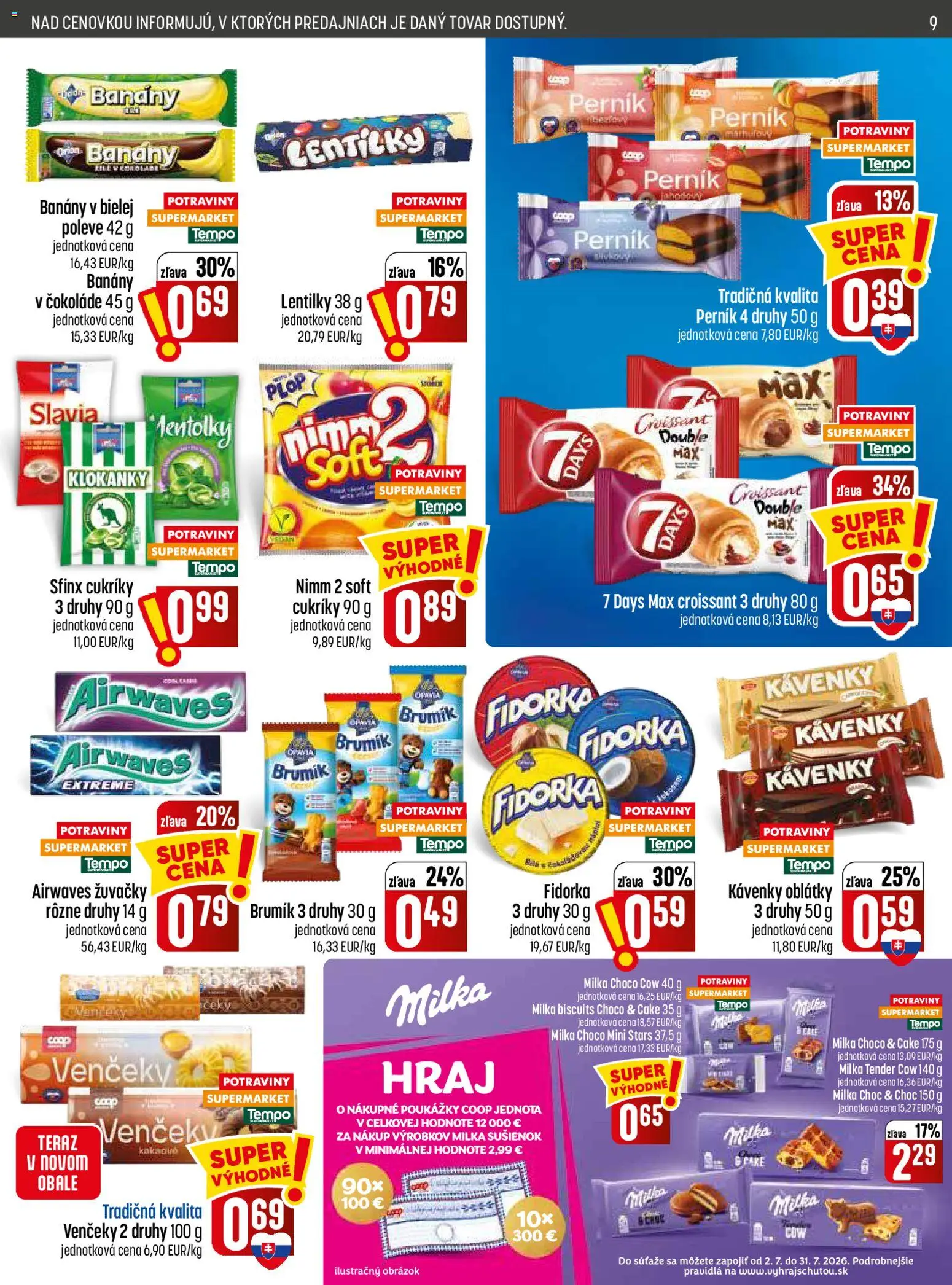 Nové COOP Jednota akcie – leták je platný od 23.07.2026 | Strana: 9 | Produkty: Banány, Croissant, Cukríky, Milka