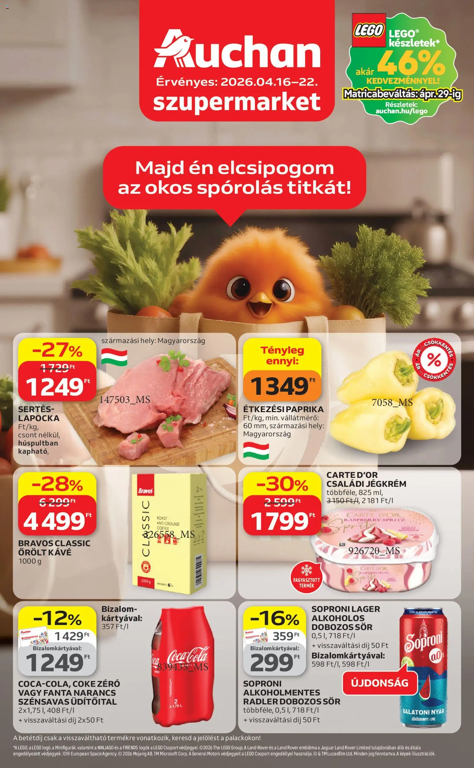 Auchan akciós ujság - amely érvényes a következő dátumtól: 16.04.2026 | Oldal: 1 | Termékek: Sertés lapocka, Coca Cola, Cola, Jégkrém