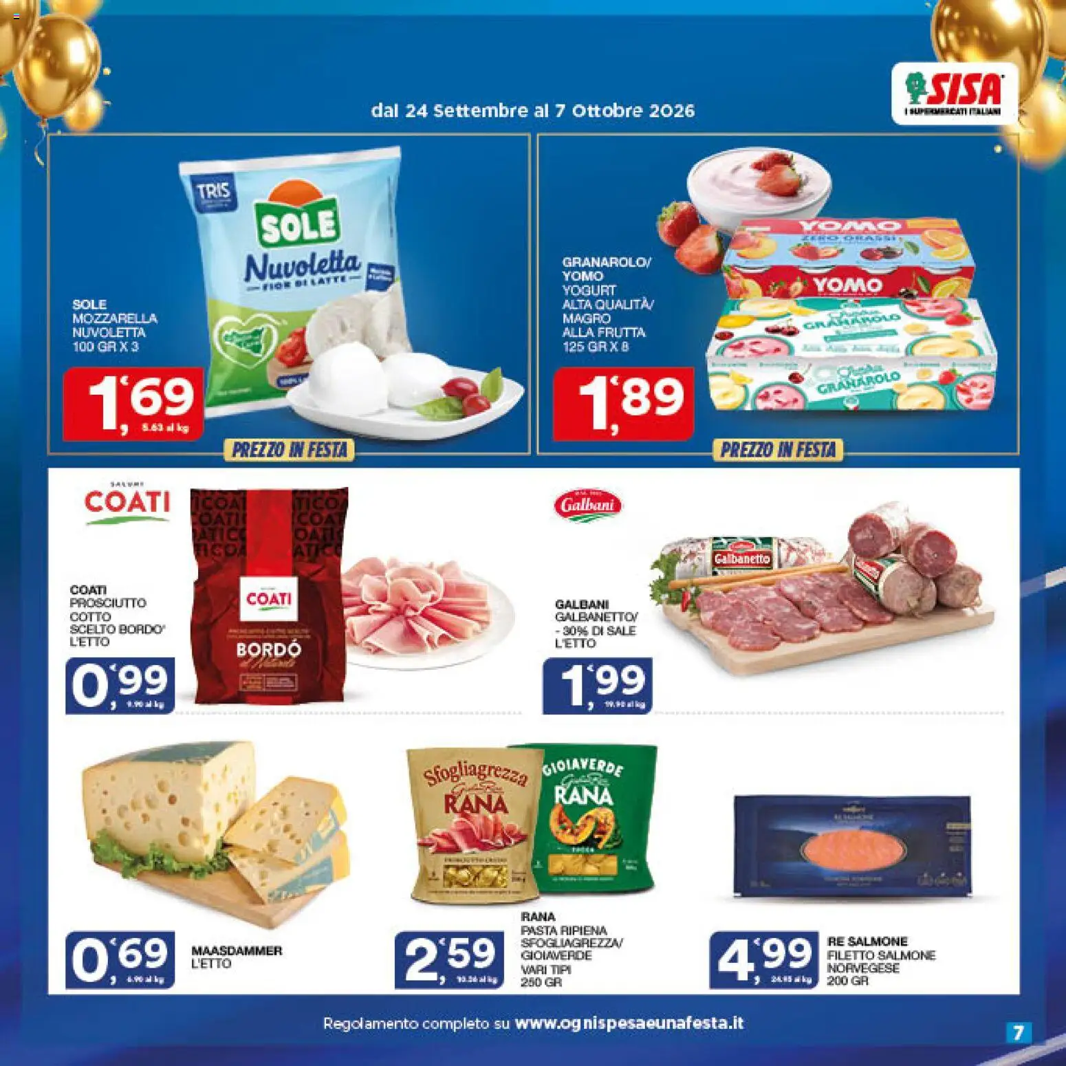 Volantino SISA del 24/09/2026 | Pagina: 7 | Prodotti: Filetto, Sale, Prosciutto, Pasta