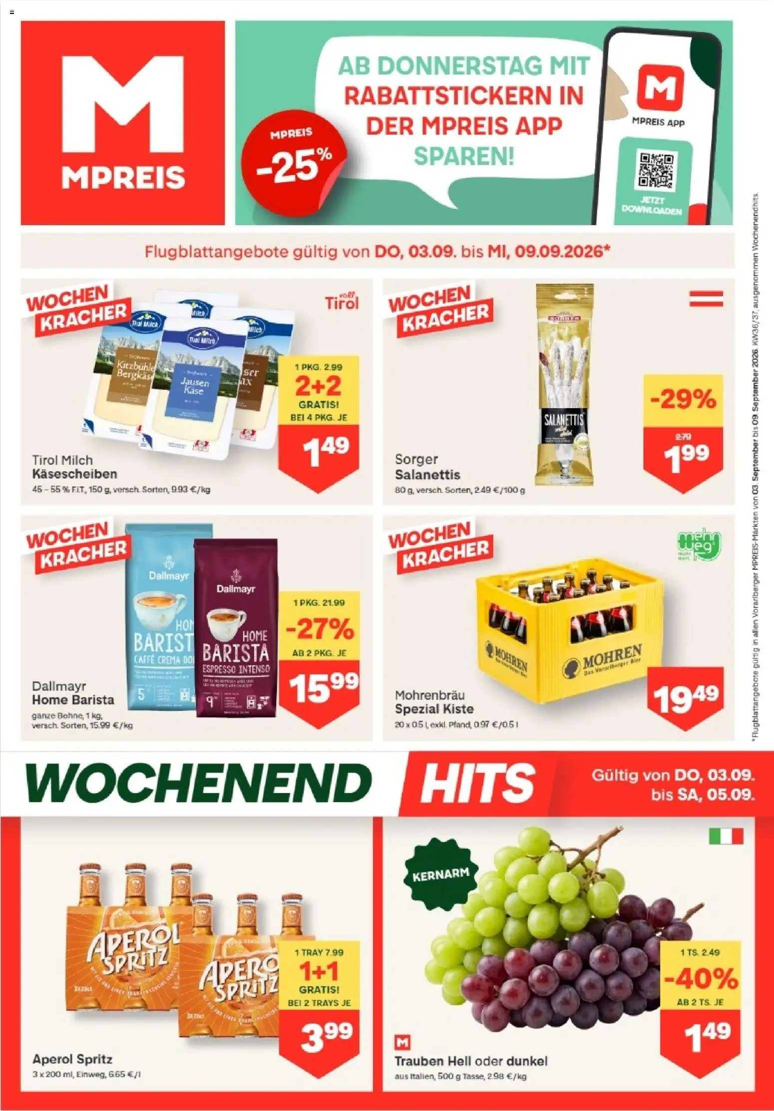MPREIS Hohenems gültig ab 03.09.2026 | Seite: 1 | Produkte: Aperol, Milch, Käse, Bier