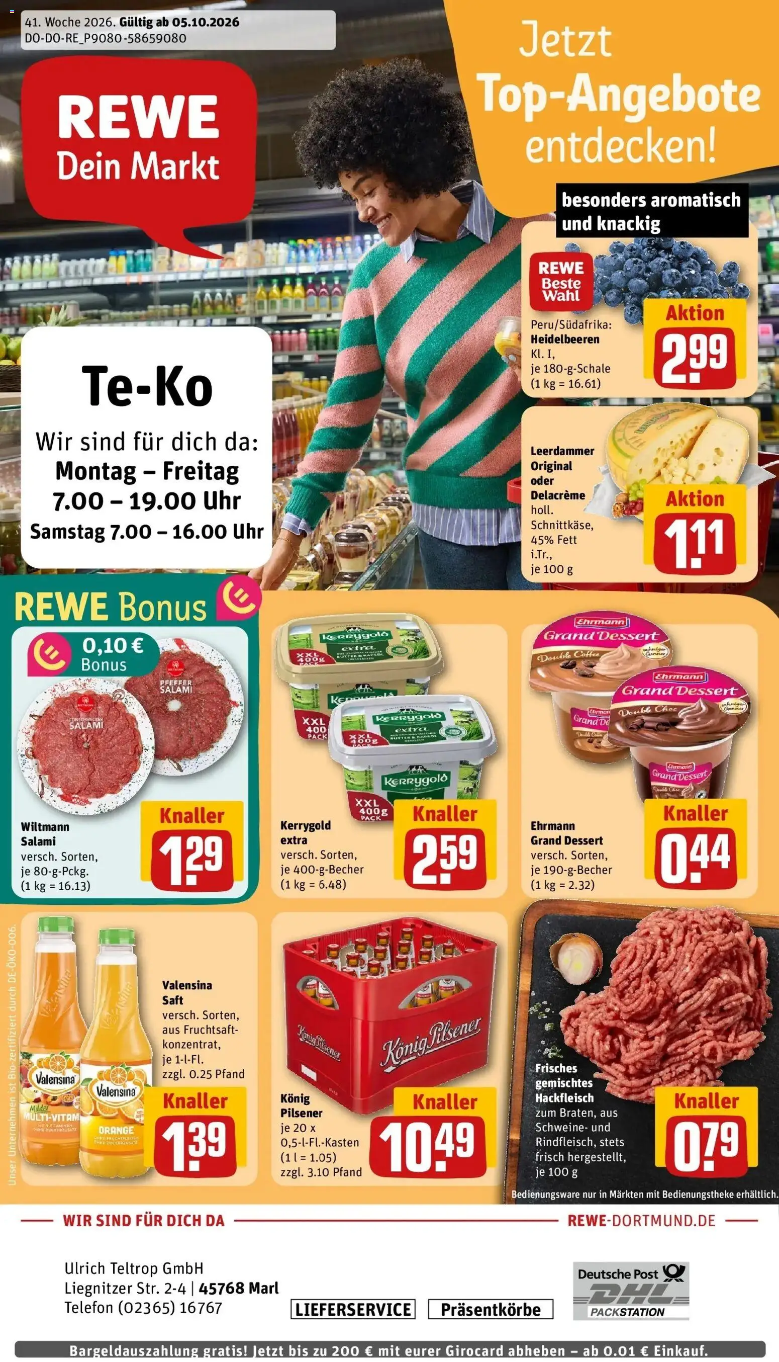 REWE Prospekt ab 05.10.2026 zum Blättern » Angebote | Seite: 1 | Produkte: Leerdammer, Valensina, Fruchtsaft, Hackfleisch