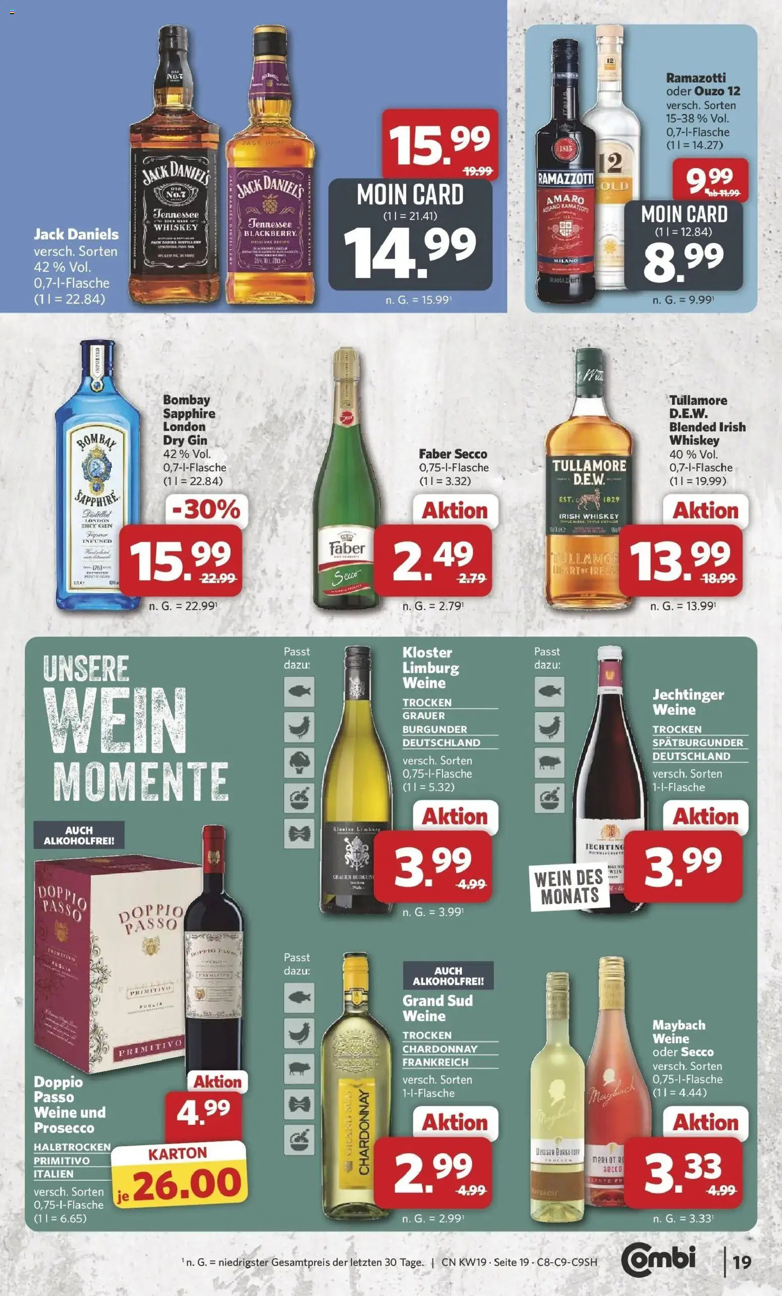 Combi Unsere Wochenangebote – gültig ab 04.05.2026 | Seite: 19 | Produkte: Ouzo 12, Jack Daniel's, Gin, Whiskey