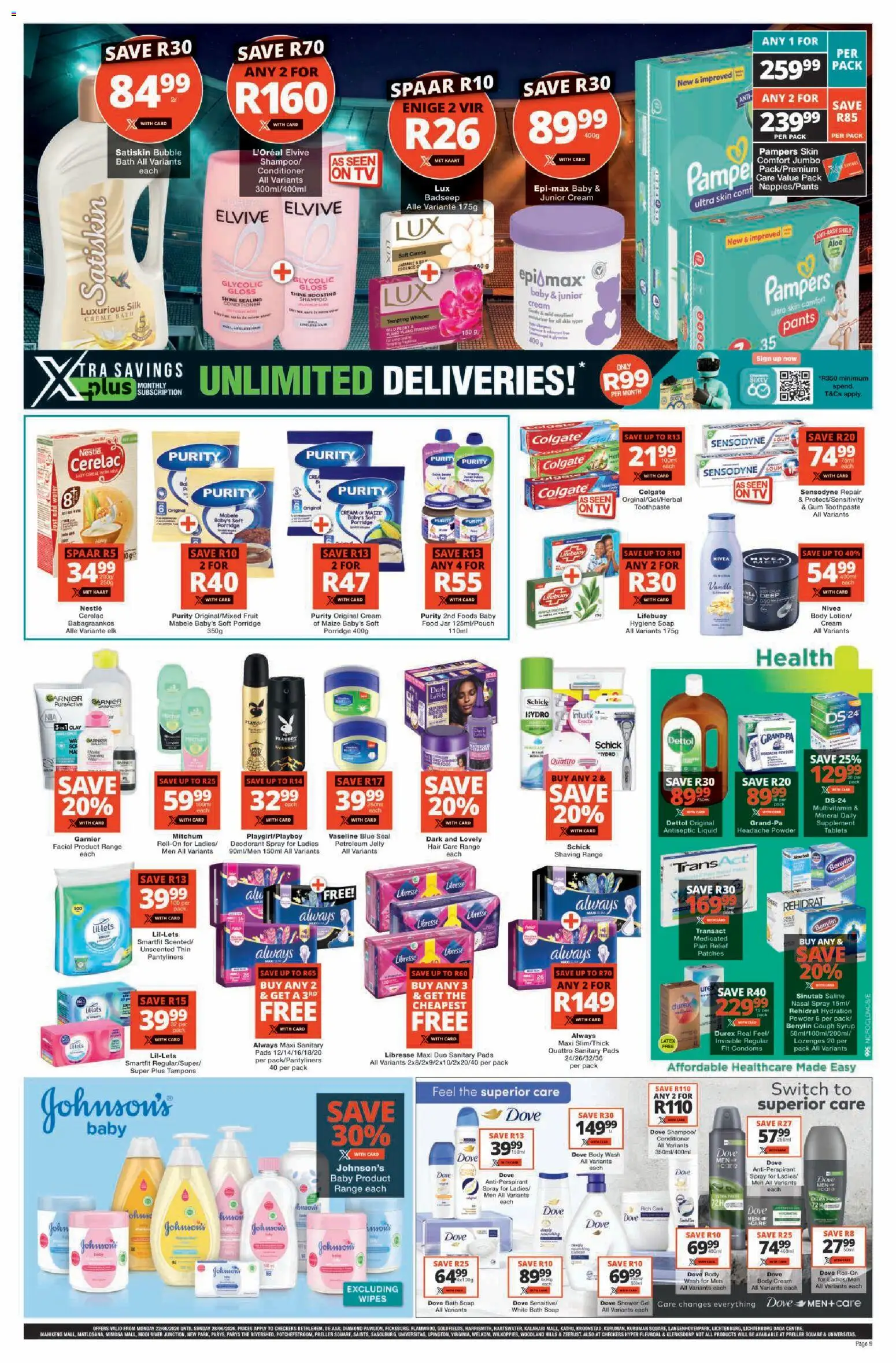 New Checkers catalogue – valid from 22/06/2026 | Page: 9 | Products: Bath, Pads, Shampoo, Toothpaste