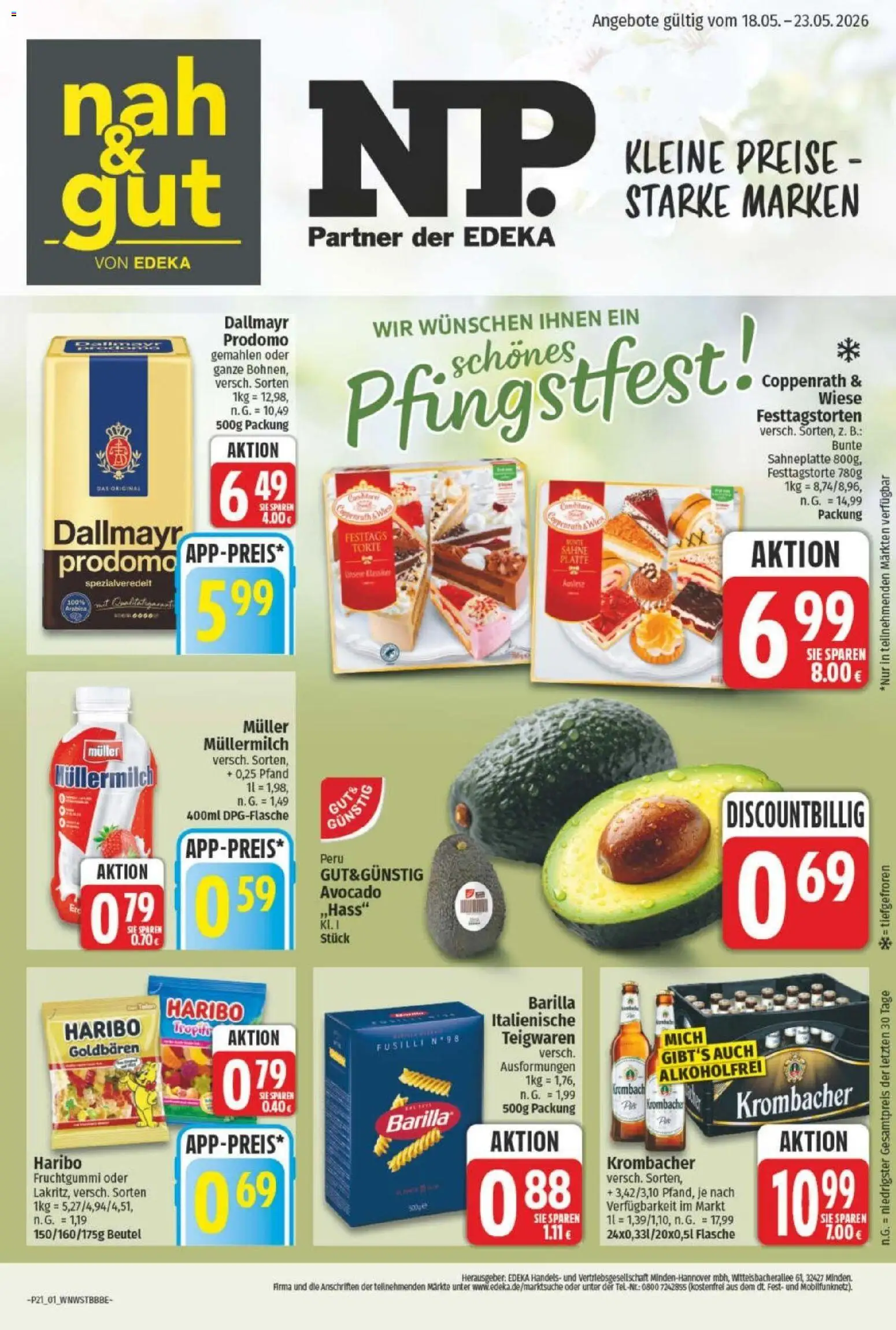 NP Discount Prospekt – gültig ab 18.05.2026 | Seite: 1 | Produkte: Barilla, Avocado, Müllermilch, Sahne