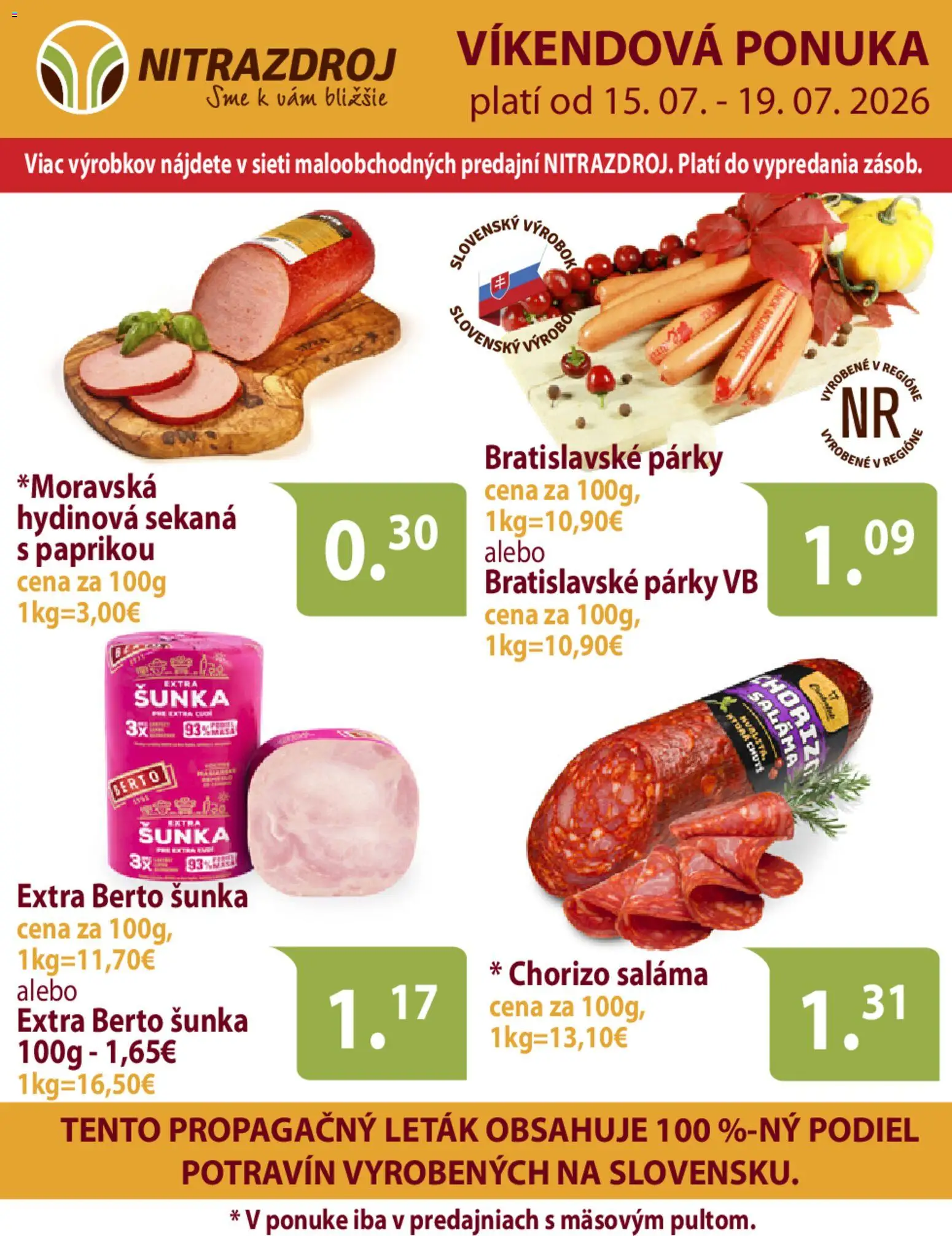 Nové Nitrazdroj akcie – leták je platný od 15.07.2026 | Strana: 1 | Produkty: Saláma, Šunka, Párky