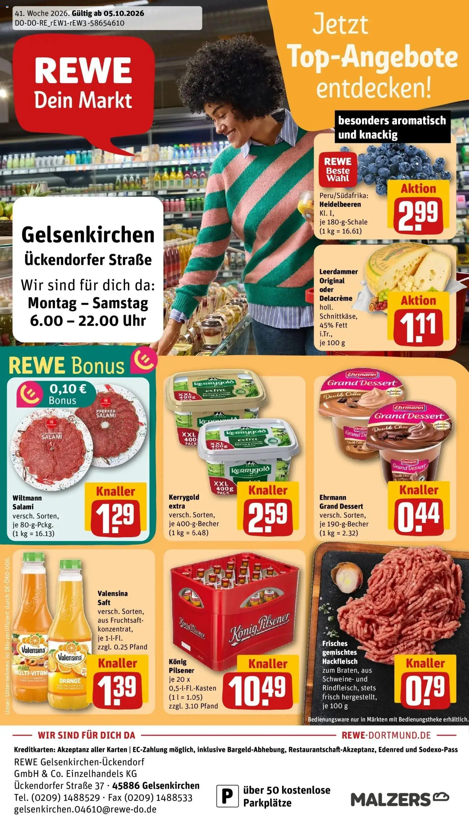 REWE Prospekt ab 05.10.2026 zum Blättern » Angebote | Seite: 1 | Produkte: Heidelbeeren, Salami, Uhr, Hackfleisch