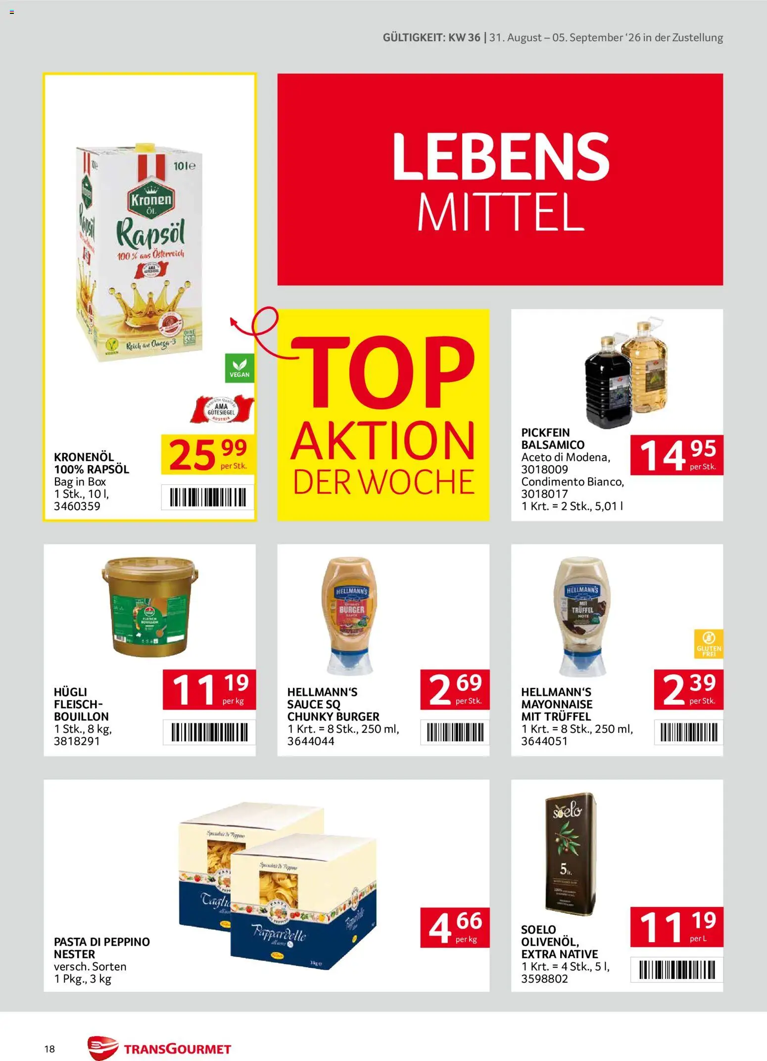 Transgourmet Zustellaktion gültig ab 31.08.2026 | Seite: 18 | Produkte: Pasta, Burger, Mayonnaise, Rapsöl