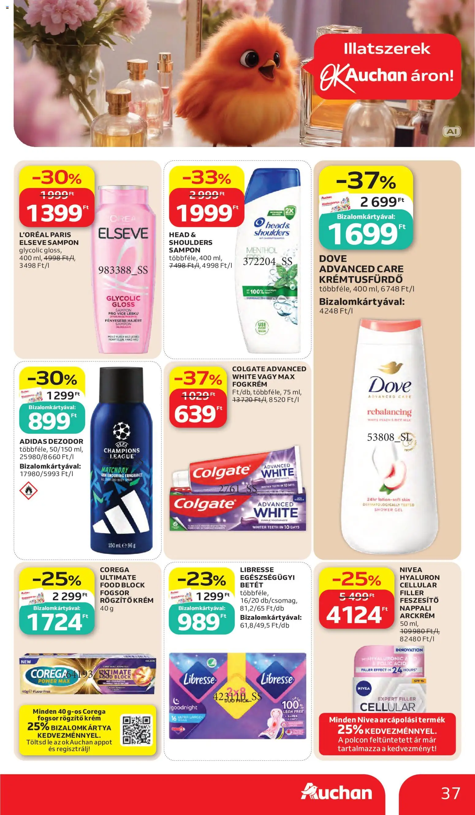 Auchan akciós ujság - amely érvényes a következő dátumtól: 2026.10.15. | Oldal: 37 | Termékek: Dove, Krém, Betét, Egészségügyi betét
