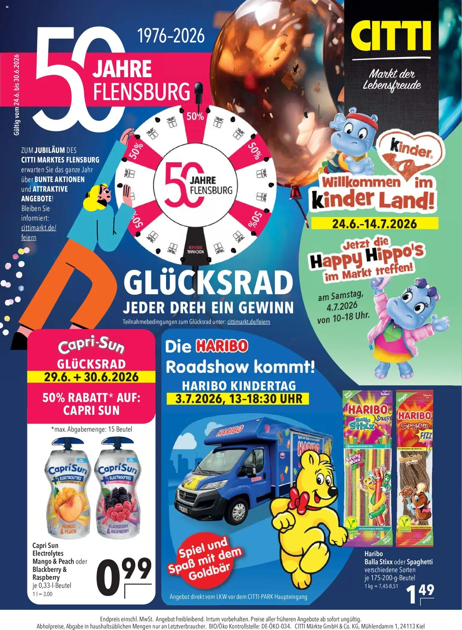 CITTI Markt 50 Jahre Flensburg – gültig ab 24.06.2026 | Seite: 1 | Produkte: Spiel, Capri sun, Mango, Uhr