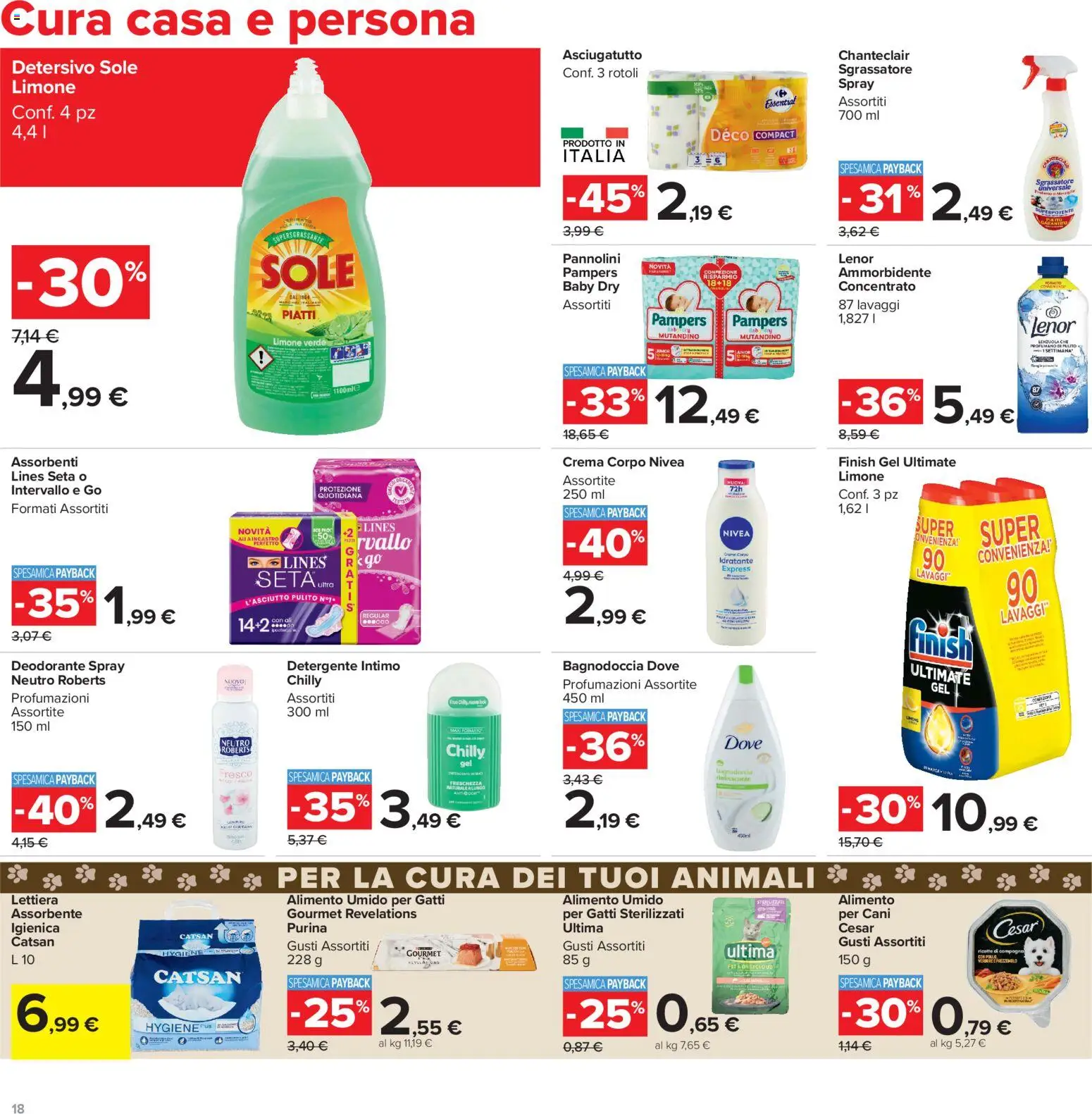 Volantino Carrefour del 06/08/2026 | Pagina: 18 | Prodotti: Detergente intimo, Pampers, Asciugatutto, Lenzuola