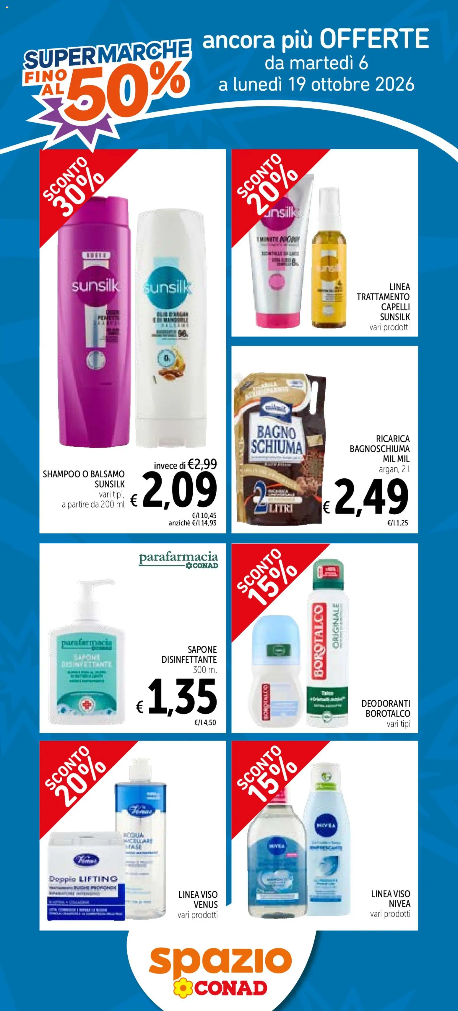 Volantino Spazio Conad del 06/10/2026 | Pagina: 1 | Prodotti: Shampoo, Balsamo, Bagnoschiuma, Bagno