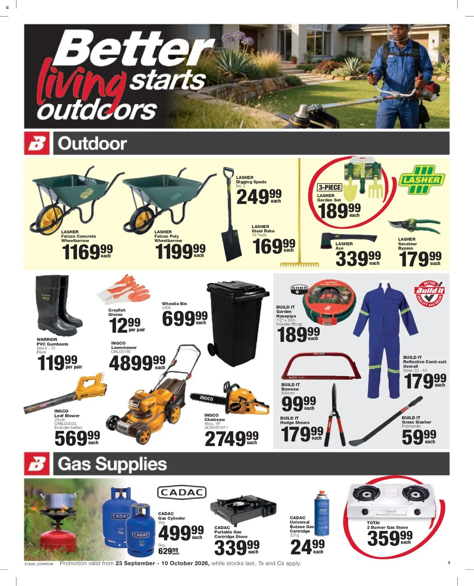 New Build It catalogue – valid from 23/09/2026 | Page: 3 | Products: Gloves, Chainsaw, Wheelbarrow, Bowsaw