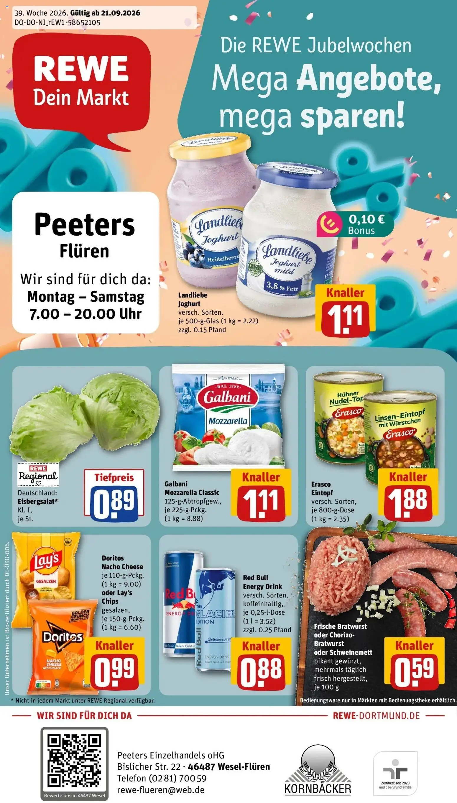 REWE Prospekt ab 21.09.2026 zum Blättern » Angebote | Seite: 1 | Produkte: Mozzarella, Bratwurst, Telefon, Uhr