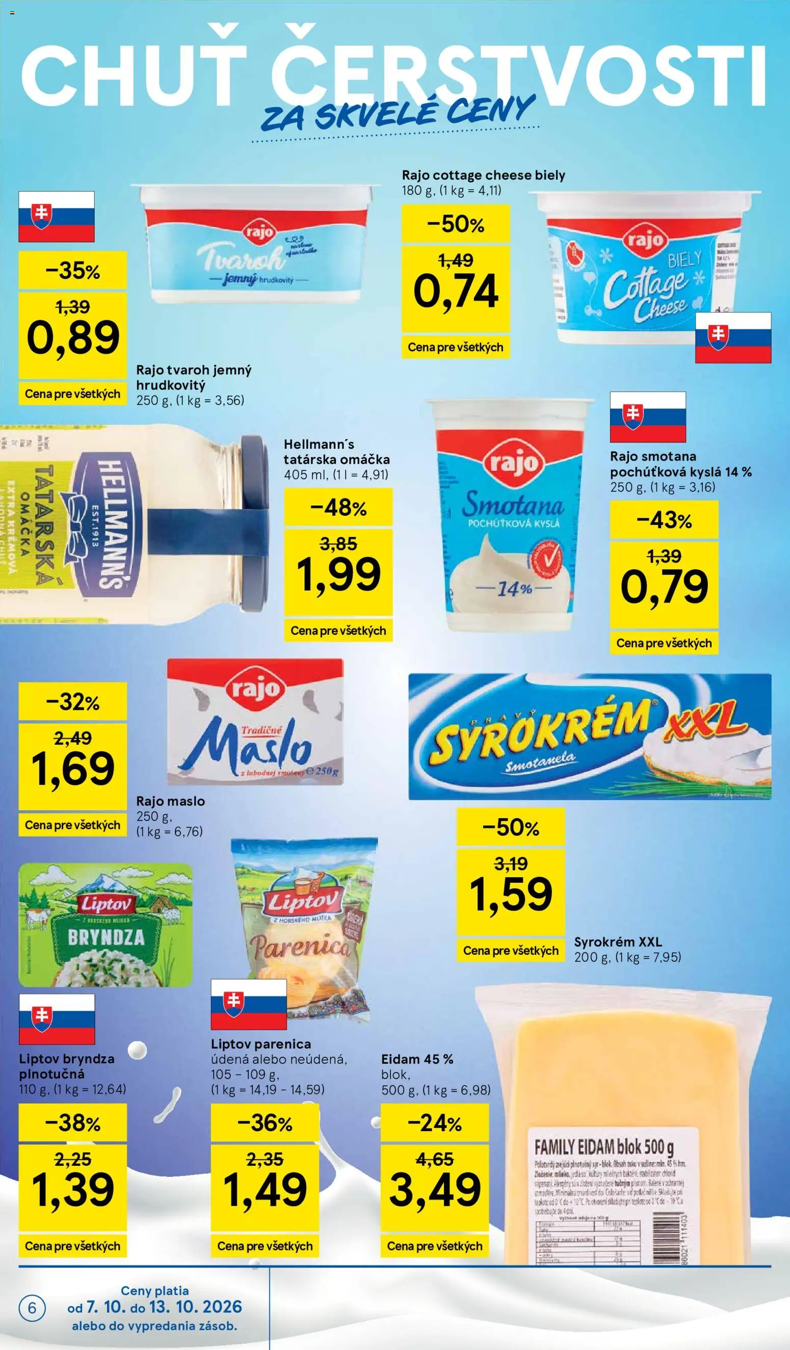Nové Tesco akcie – leták je platný od 07.10.2026 | Strana: 6 | Produkty: Smotana, Cottage cheese, Tvaroh, Tatárska omáčka