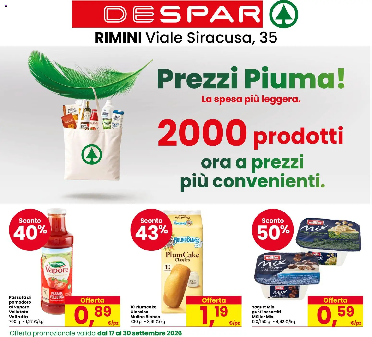 Volantino Despar del 17/09/2026 | Pagina: 1 | Prodotti: Crema, Pistacchio, Piselli, Penne
