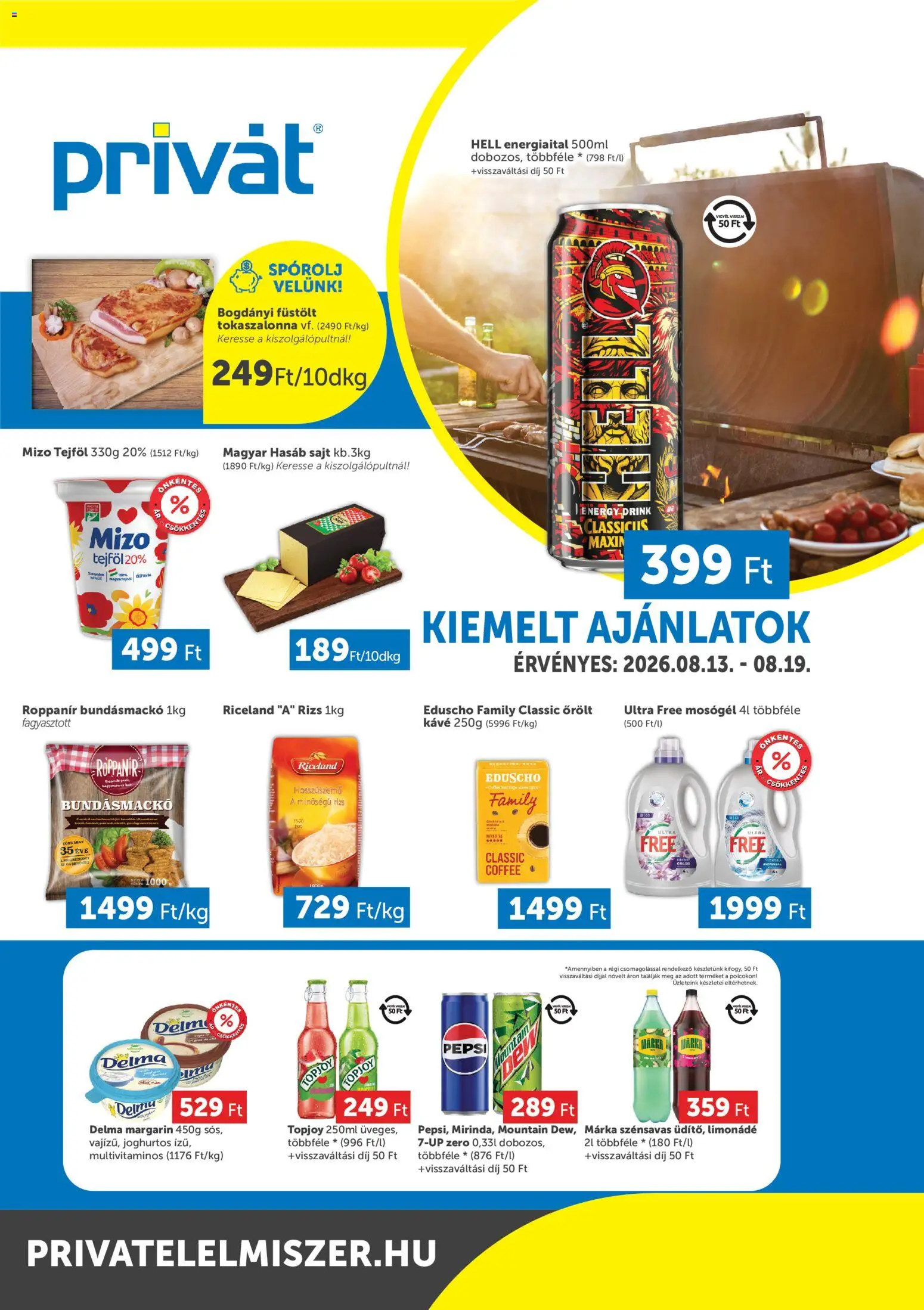 PRIVÁT akciós ujság - amely érvényes a következő dátumtól: 2026.08.13. | Oldal: 1 | Termékek: Pepsi, Sajt, Kávé, Tejföl