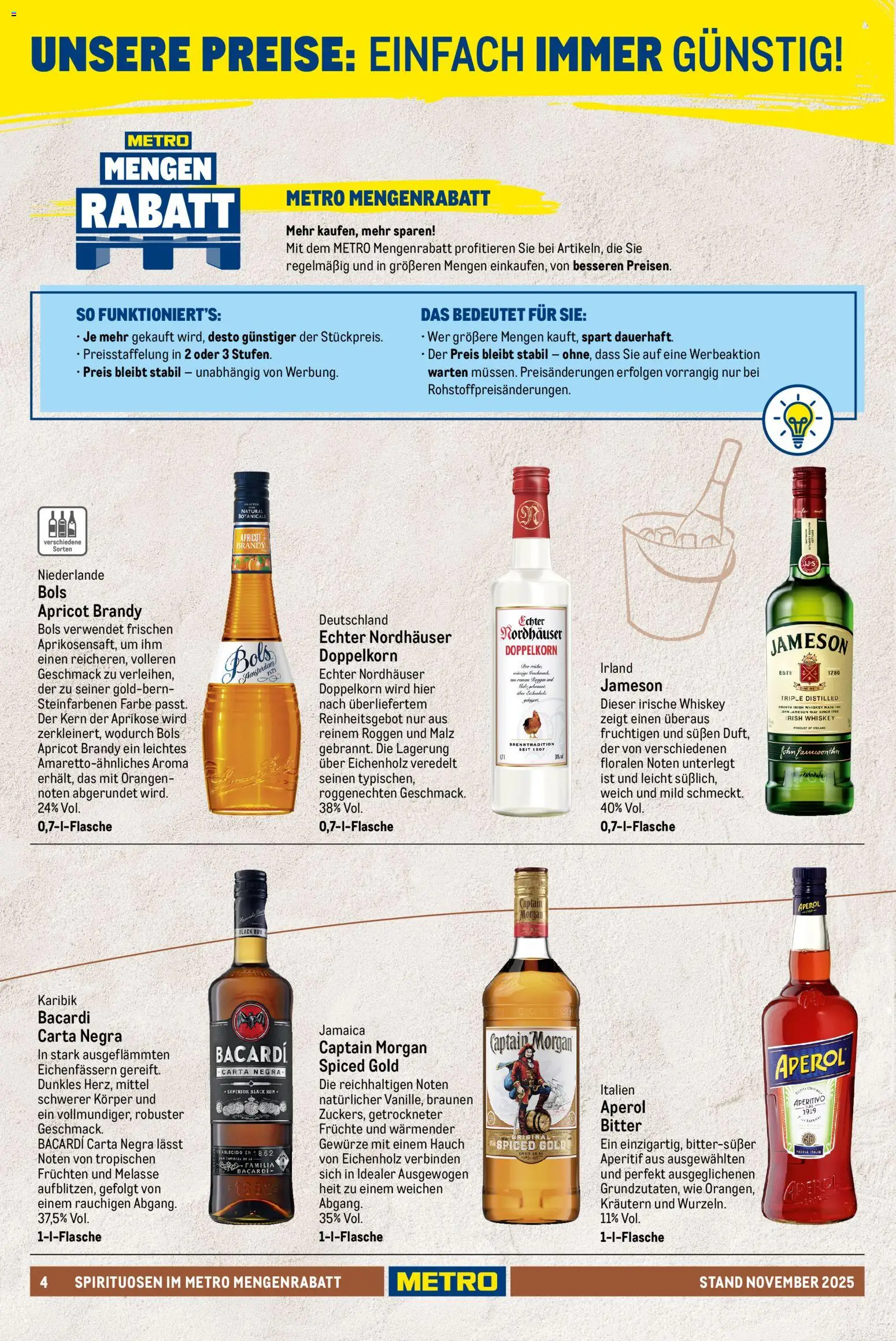 Metro - Spirituosen Sortiment – gültig ab 01.12.2025 | Seite: 4 | Produkte: Bacardi, Rum, Aperol, Whiskey