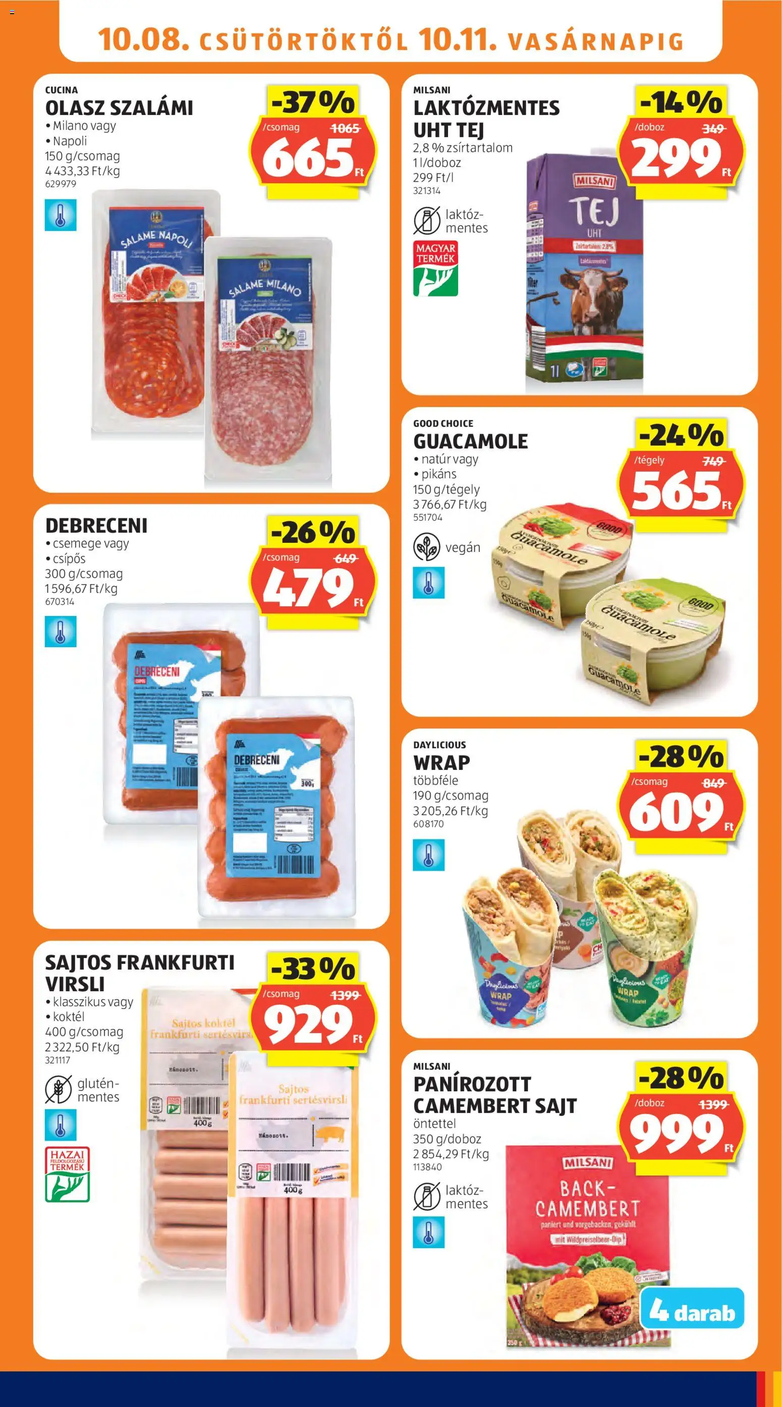 Aldi akciós ujság - amely érvényes a következő dátumtól: 2026.10.08. | Oldal: 13 | Termékek: Debreceni, Guacamole, Frankfurti virsli, Tej