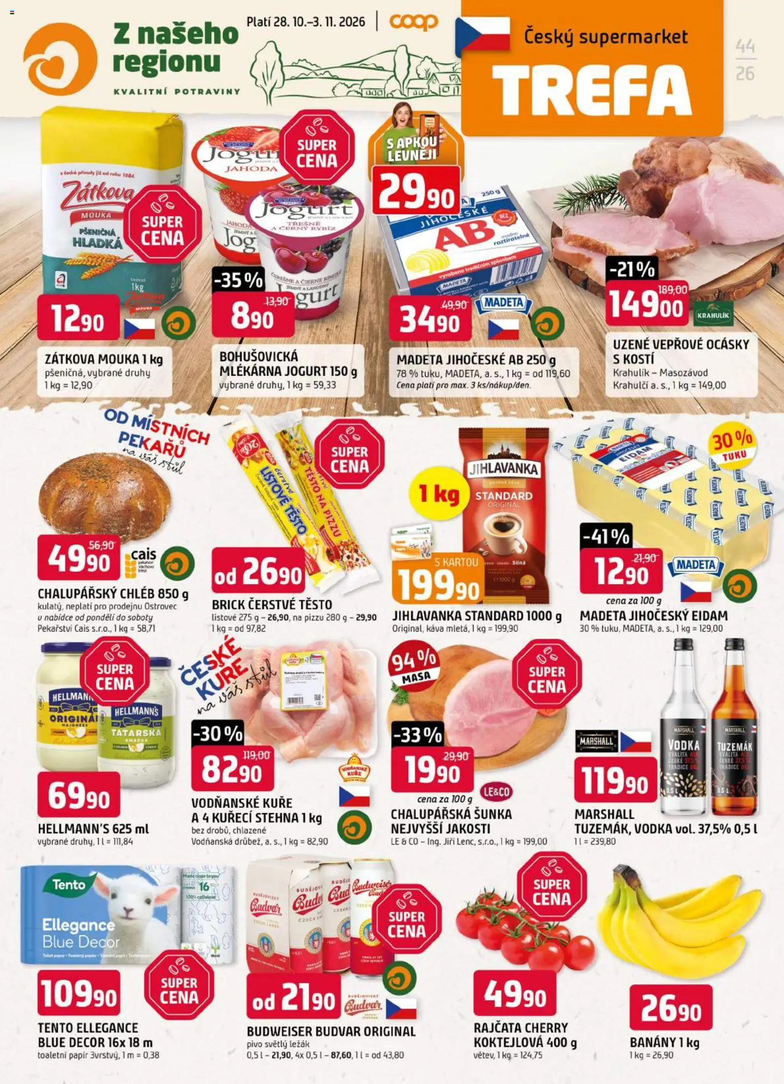 Trefa leták od 28.10.2026 | Strana: 1 | Produkty: Toaletní papír, Zátkova mouka, Eidam, Kuře