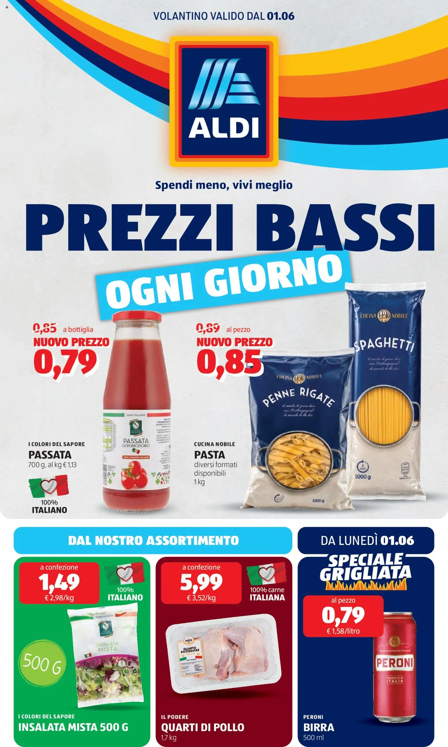 Volantino Aldi del 01.06.2026 | Pagina: 1 | Prodotti: Pollo, Insalata, Pasta, Bottiglia