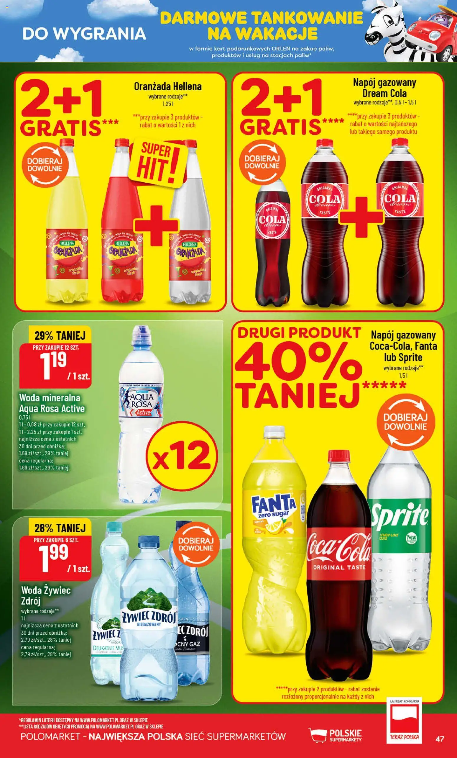 POLOmarket gazetka od 01.07.2026 | Strona: 47 | Produkty: Woda żywiec, Sprite, Oranżada hellena, Woda