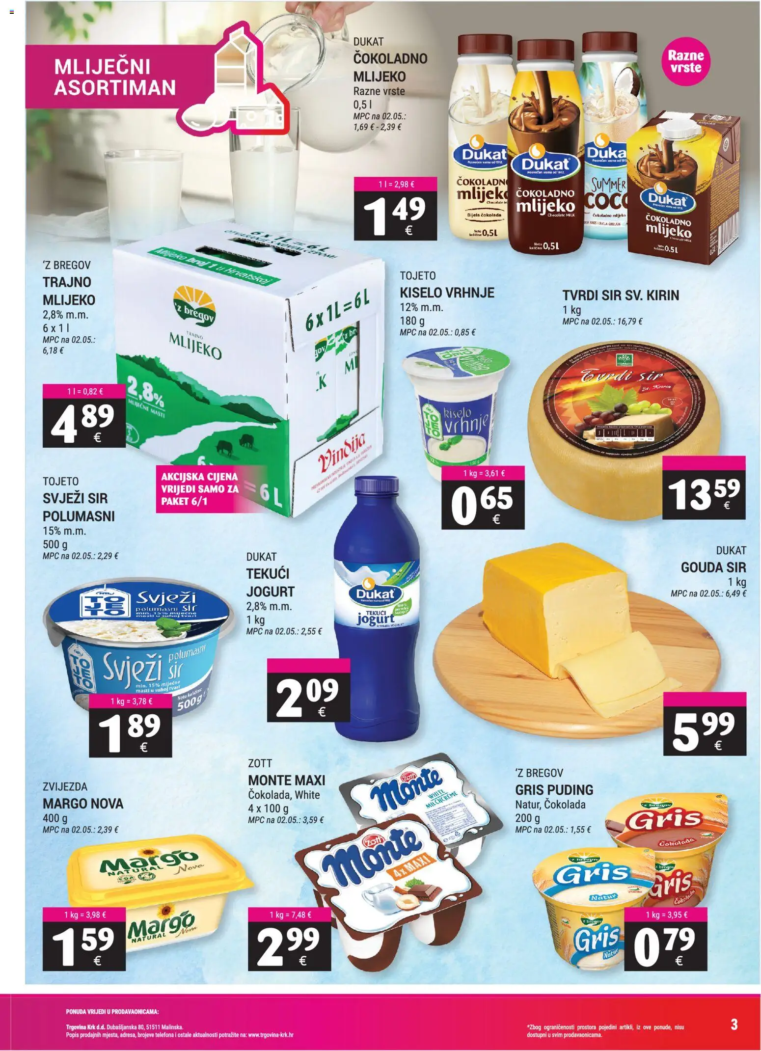 Trgovina Krk katalog | vrijedi od 01.09.2026 | Stranica: 3 | Proizvodi: Cokoladno mlijeko, Jogurt, Kiselo vrhnje, Svježi sir