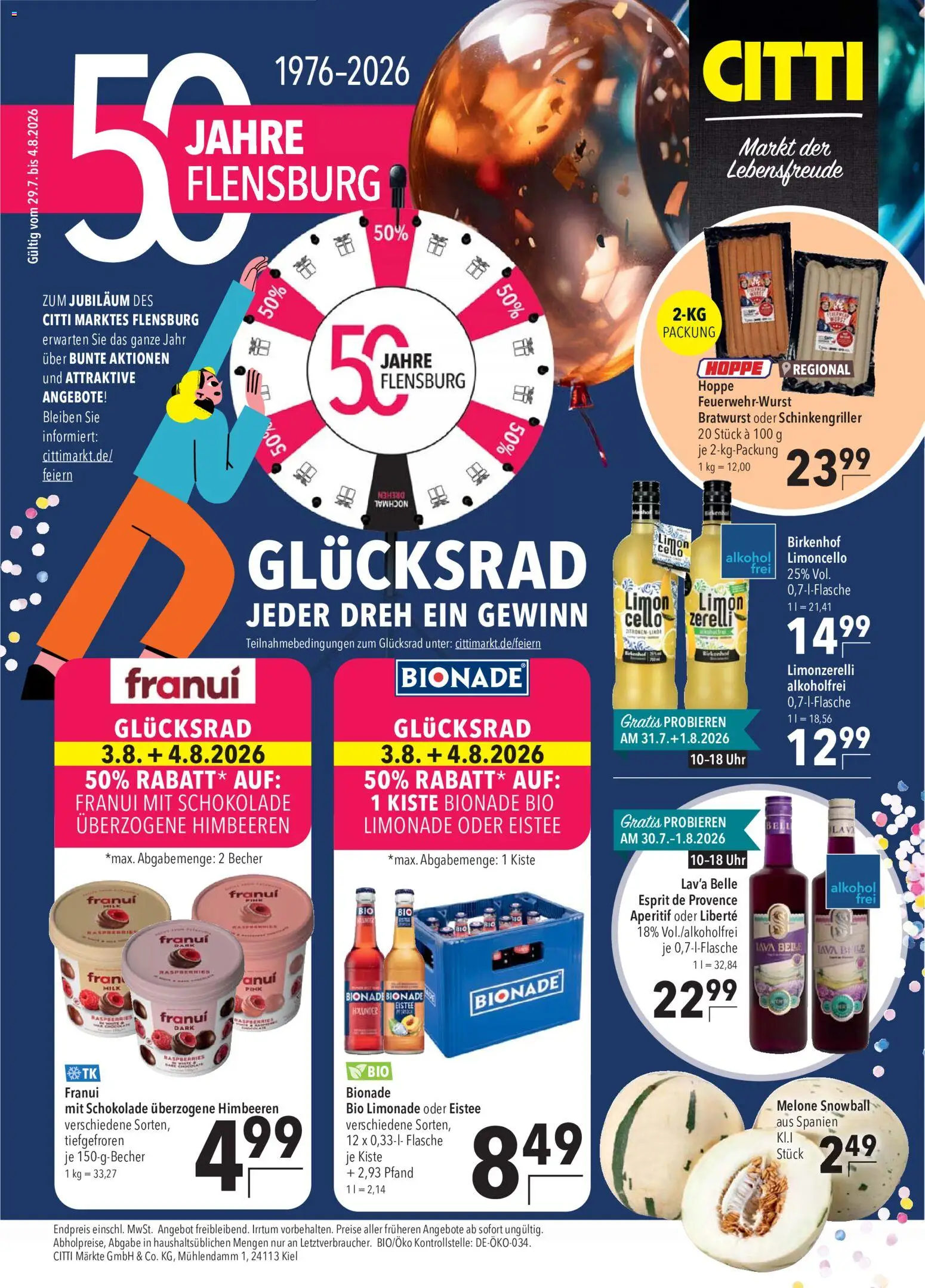 CITTI Markt 50 Jahre Flensburg – gültig ab 29.07.2026 | Seite: 1 | Produkte: Himbeeren, Bratwurst, Limonade, Melone