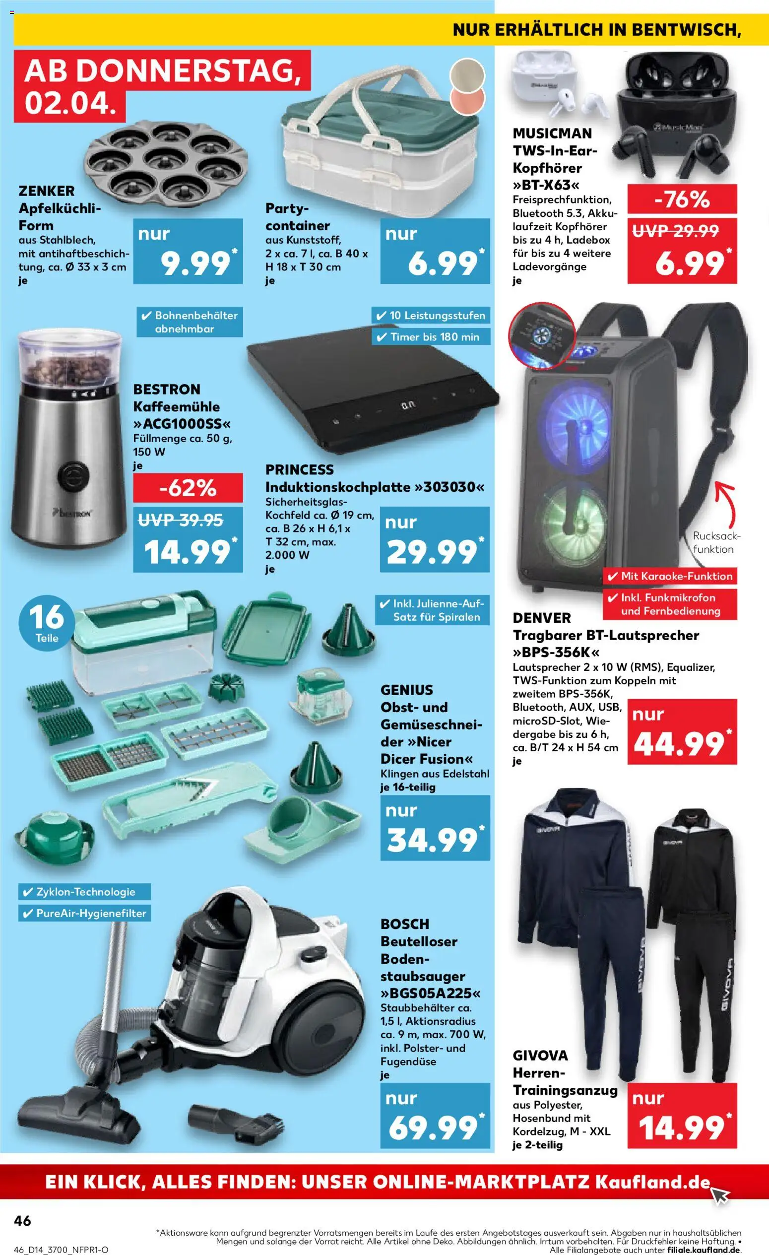 Kaufland Prospekt Rostock	 – gültig ab 02.04.2026 | Seite: 46 | Produkte: Lautsprecher, Kochfeld, Obst, Rucksack