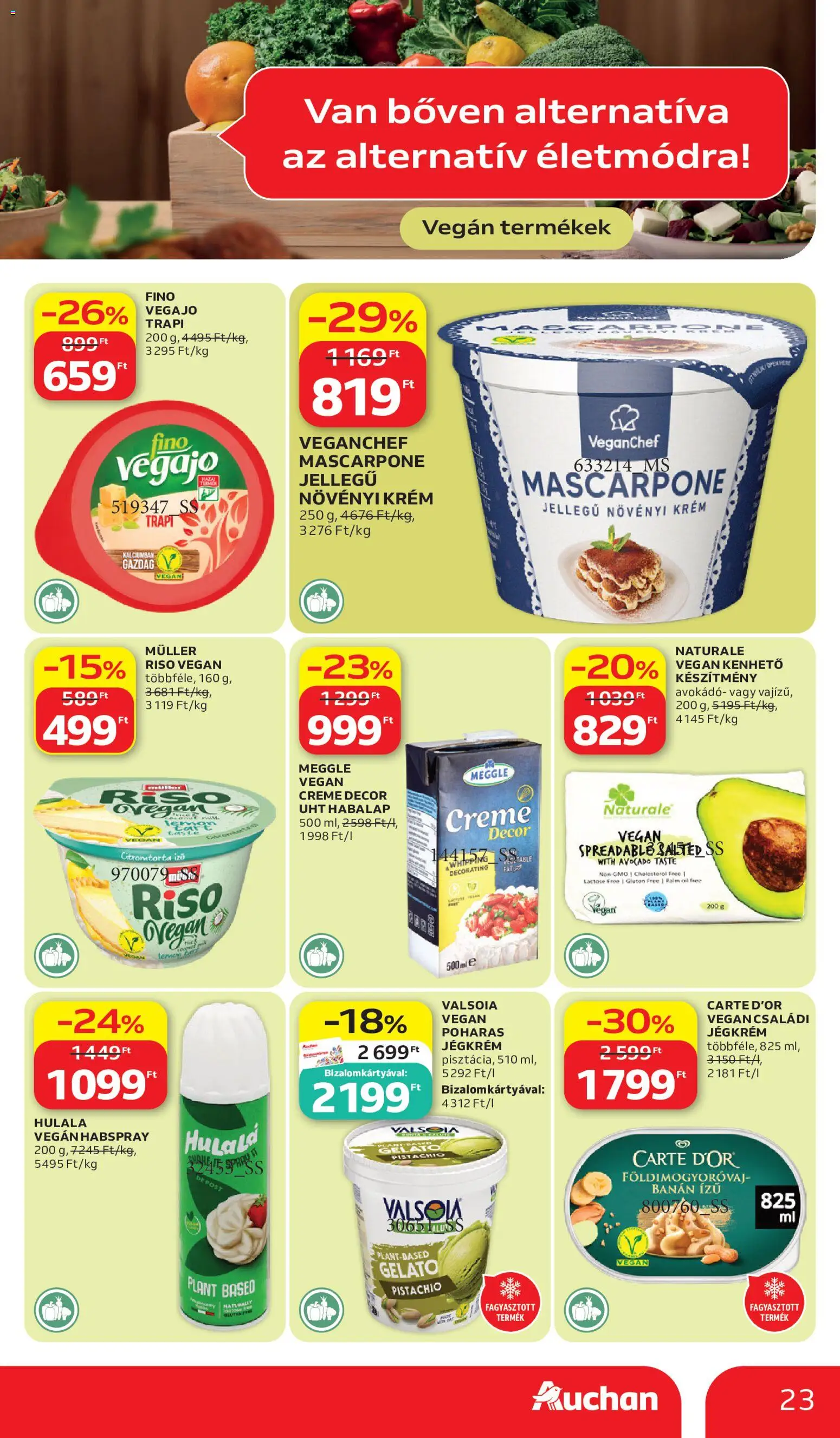 Auchan akciós ujság - amely érvényes a következő dátumtól: 11.06.2026 | Oldal: 23 | Termékek: Vegán termékek, Mascarpone, Vegán, Avokádó
