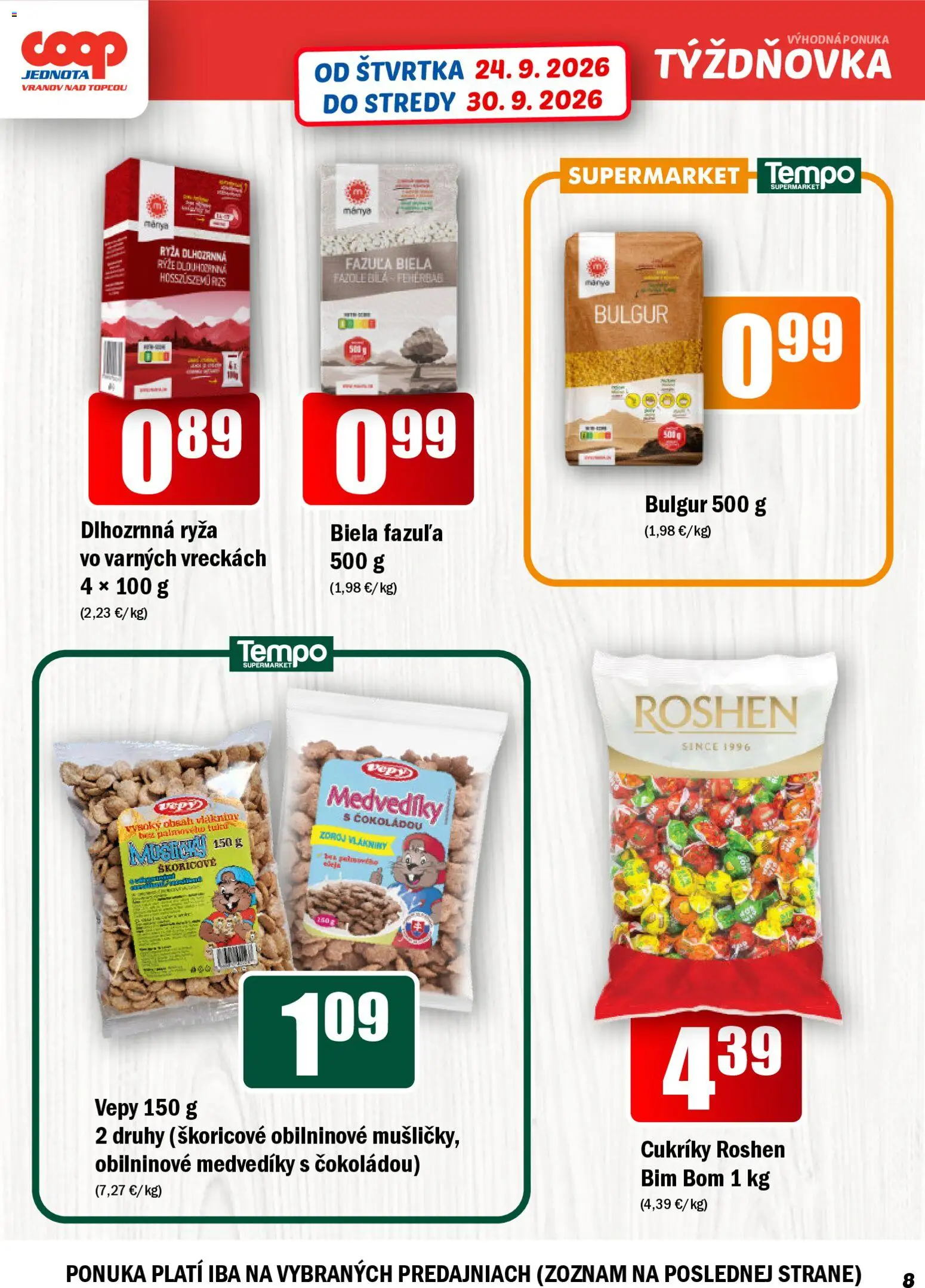 Nové COOP Jednota akcie – leták je platný od 24.09.2026 | Strana: 8 | Produkty: Ryža, Fazuľa, Cukríky