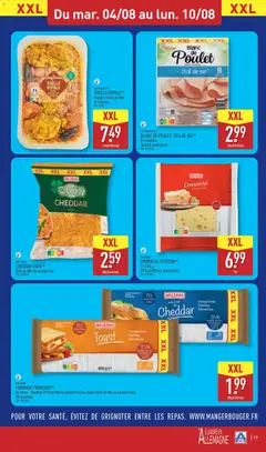Aldi - Prévisualisation de FROMAGE TRANCHES, Au choix : cheddar (17% de MG sur produit fini) ou toast (15% de MG sur produit fini). 20 tranches. valide à partir de 04/08/2026 | Page: 19 | Produits: Fruits de mer, Emmental, Fromage, Cheddar
