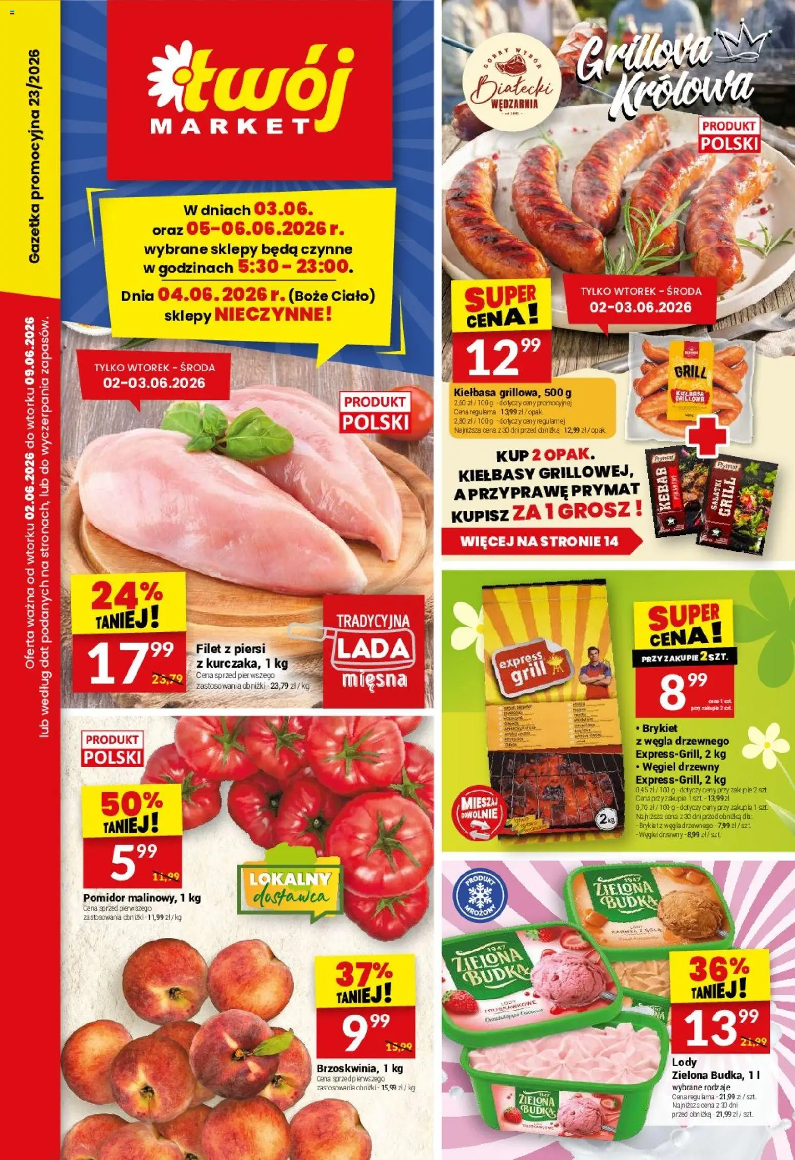 Twój Market gazetka od 02.06.2026 | Strona: 1 | Produkty: Kiełbasa, Piersi, Kebab, Lody