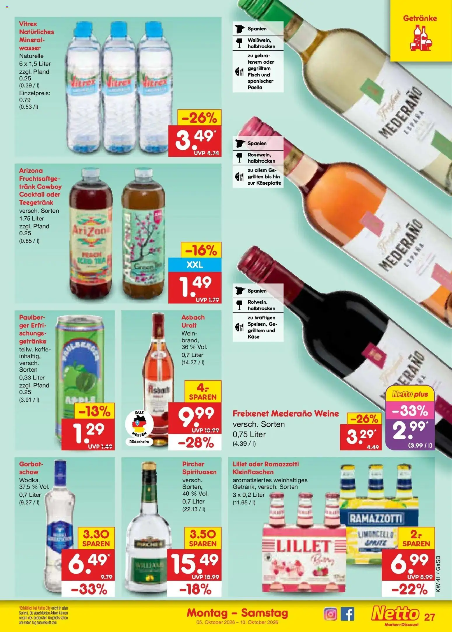 Netto Marken-Discount Prospekt Oldenburg (ab 05.10.2026) » Angebote | Seite: 31 | Produkte: Lillet, Wasser, Wein, Ramazzotti