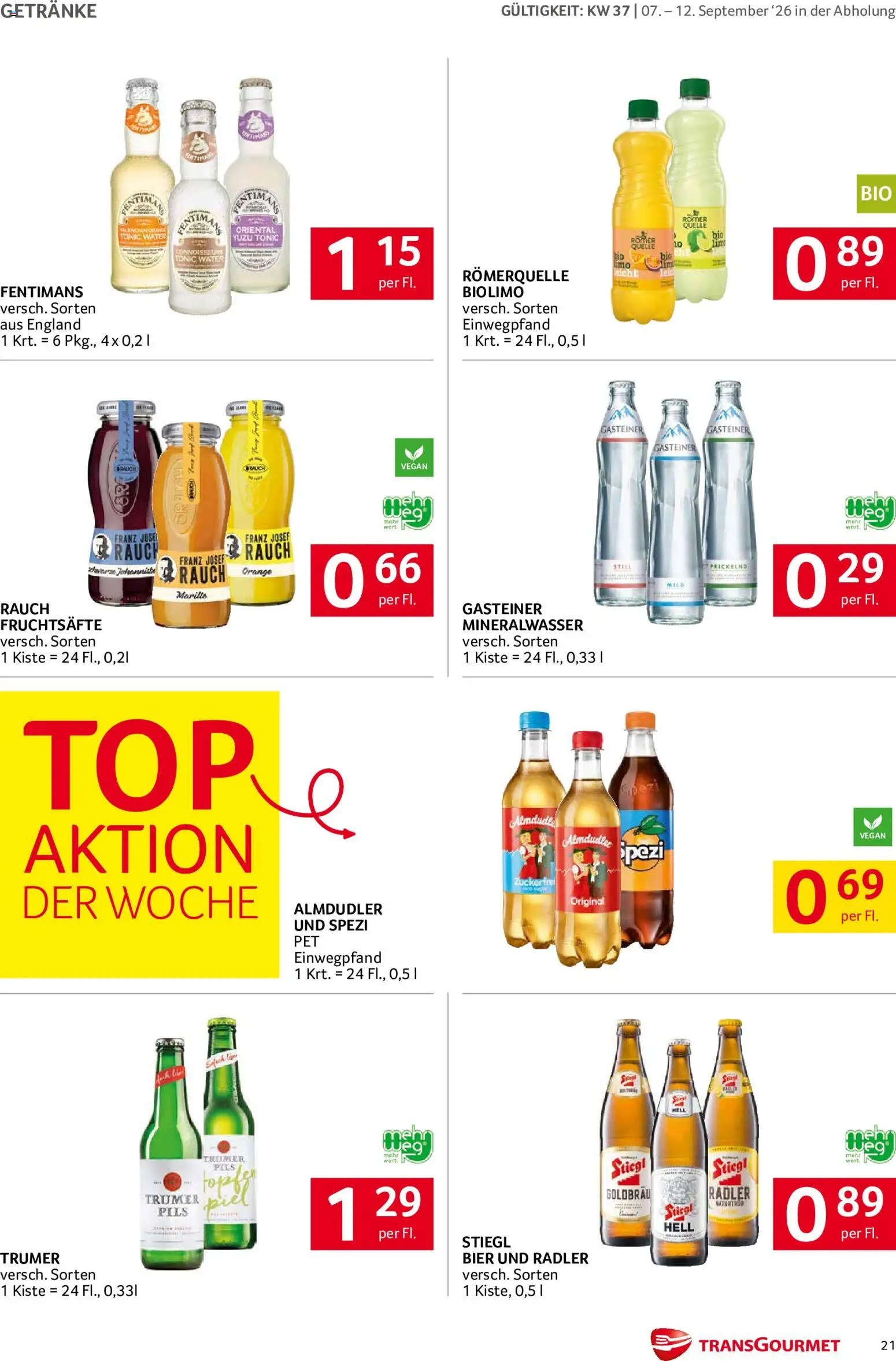 Transgourmet Flugblatt gültig ab 07.09.2026 | Seite: 21 | Produkte: Getränke, Mineralwasser, Radler, Bier