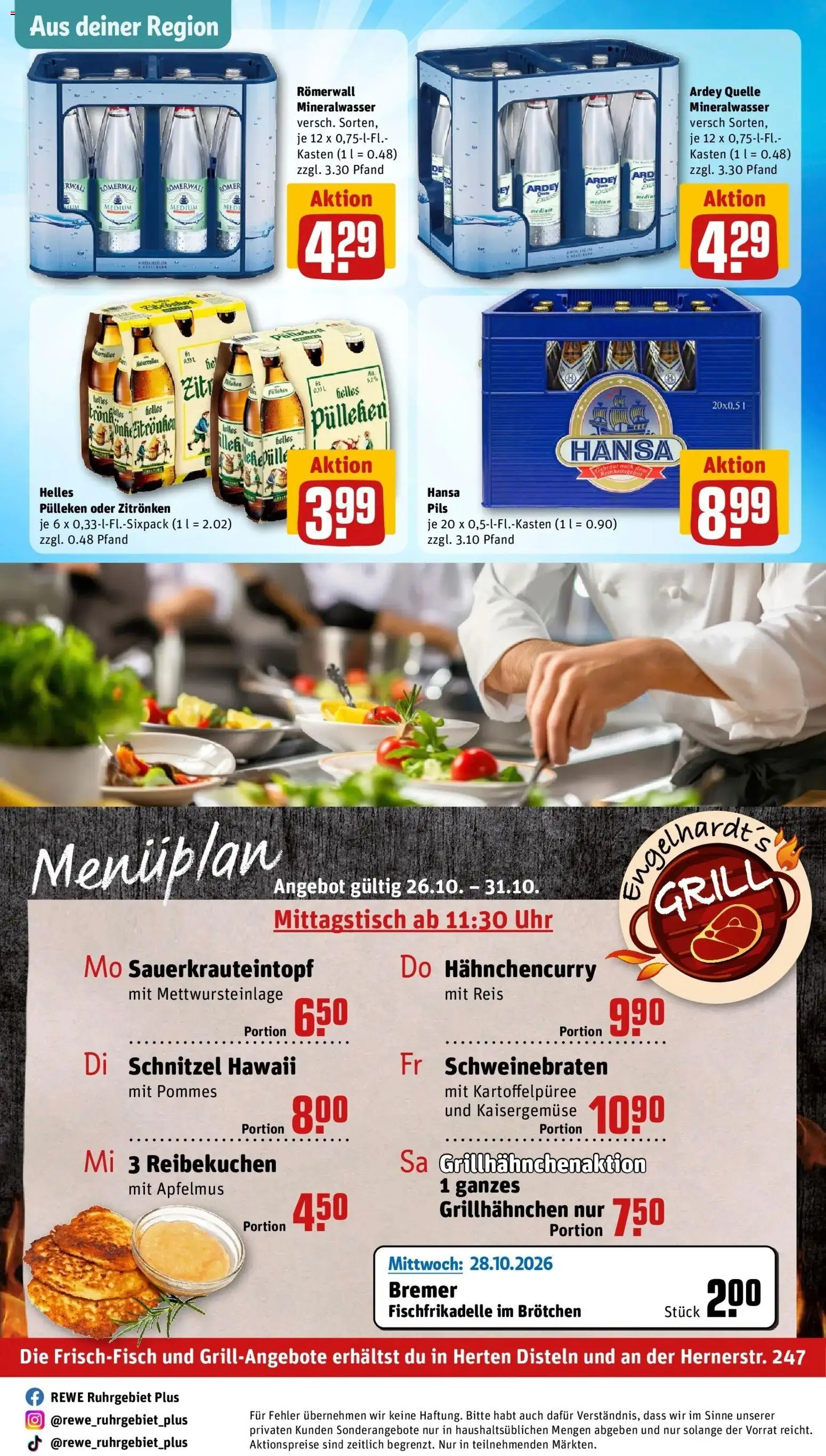 REWE Prospekt ab 26.10.2026 zum Blättern » Angebote | Seite: 34 | Produkte: Grill, Mineralwasser, Reis, Apfelmus