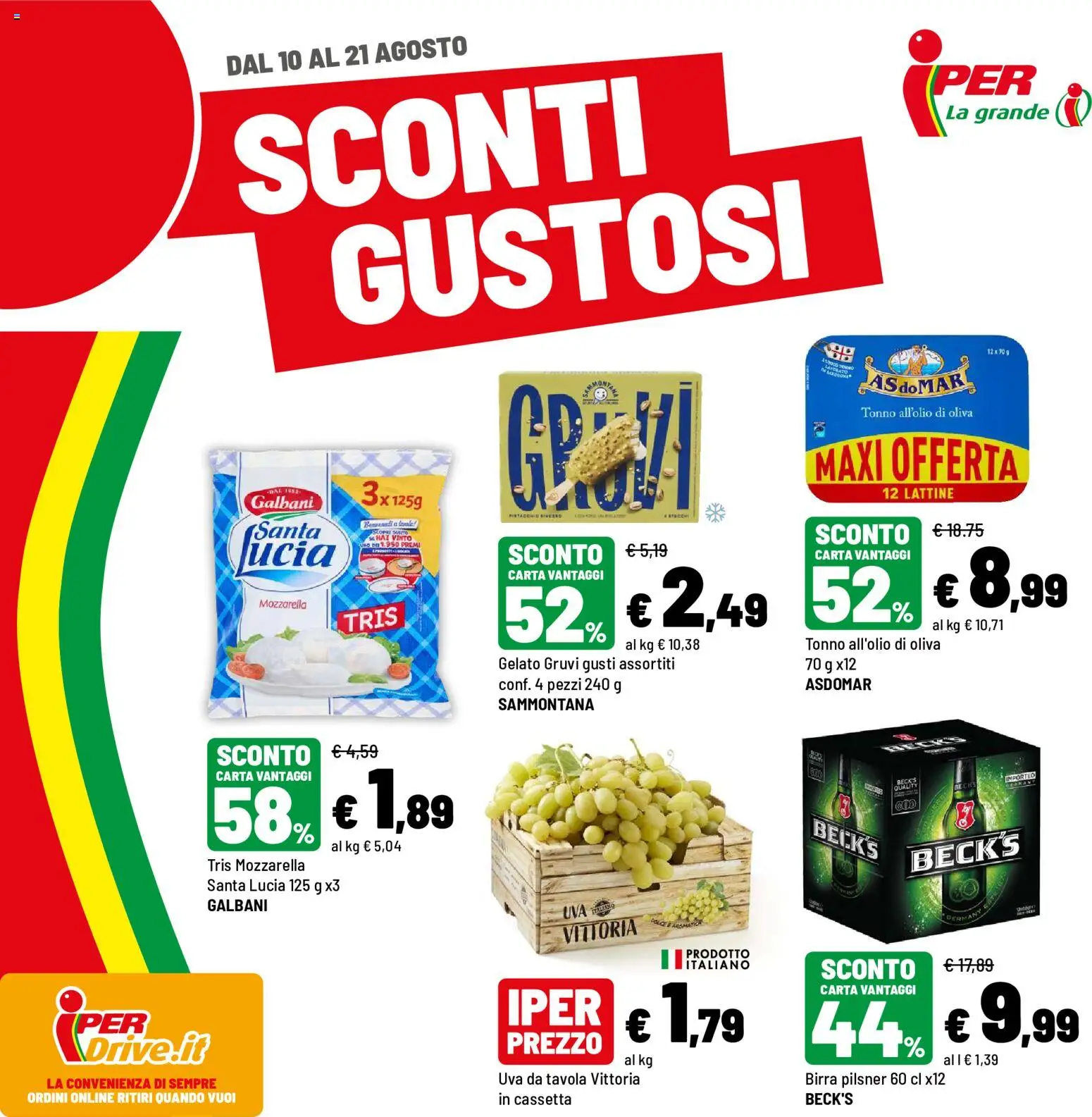 Volantino Iper del 10/08/2026 | Pagina: 1 | Prodotti: Birra, Mozzarella, Uva, Tonno