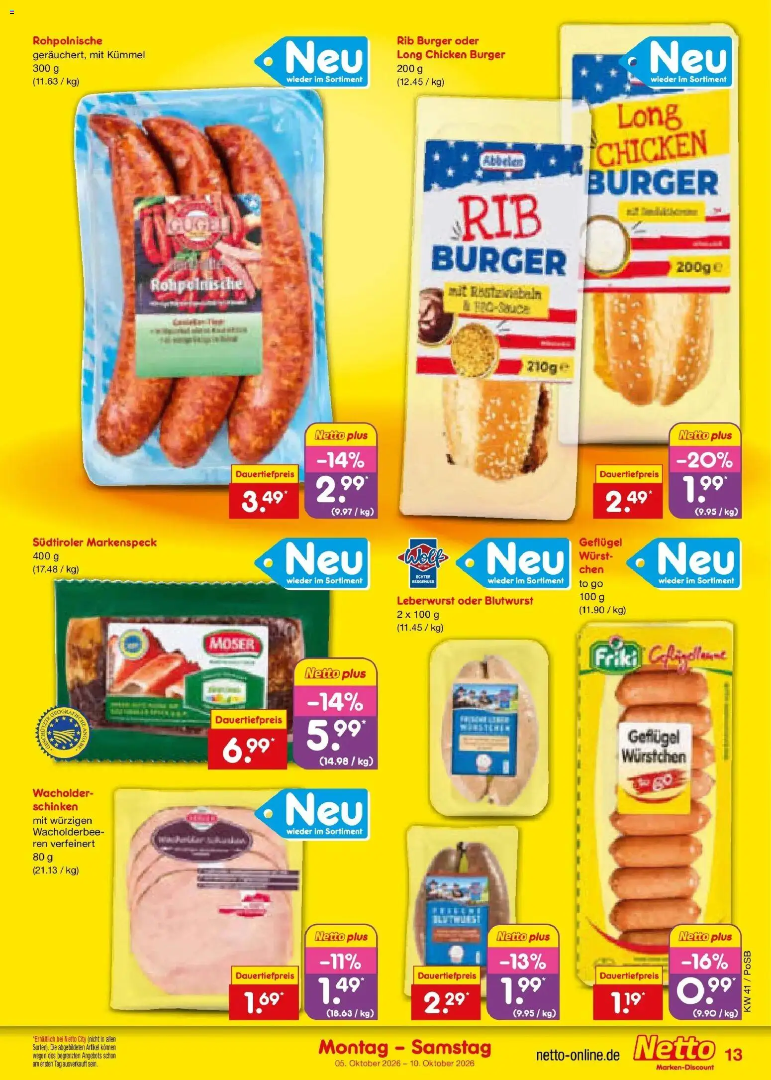 Netto Marken-Discount Prospekt Amberg (ab 05.10.2026) » Angebote | Seite: 13 | Produkte: Burger, Wurst, Schinken