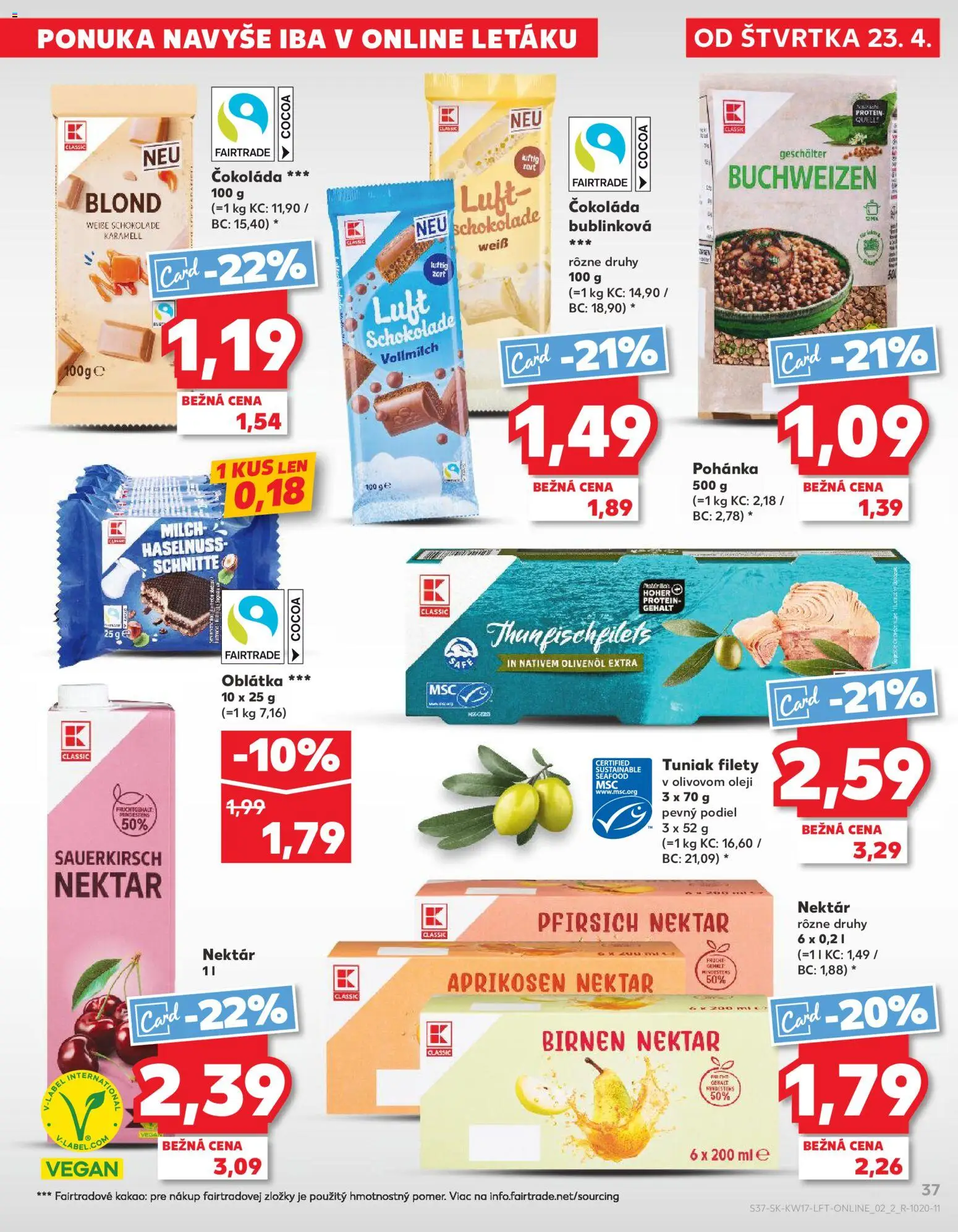 Nové Kaufland akcie – leták je platný od 23.04.2026 | Strana: 37 | Produkty: Tuniak, Protein, Čokoláda, Kakao