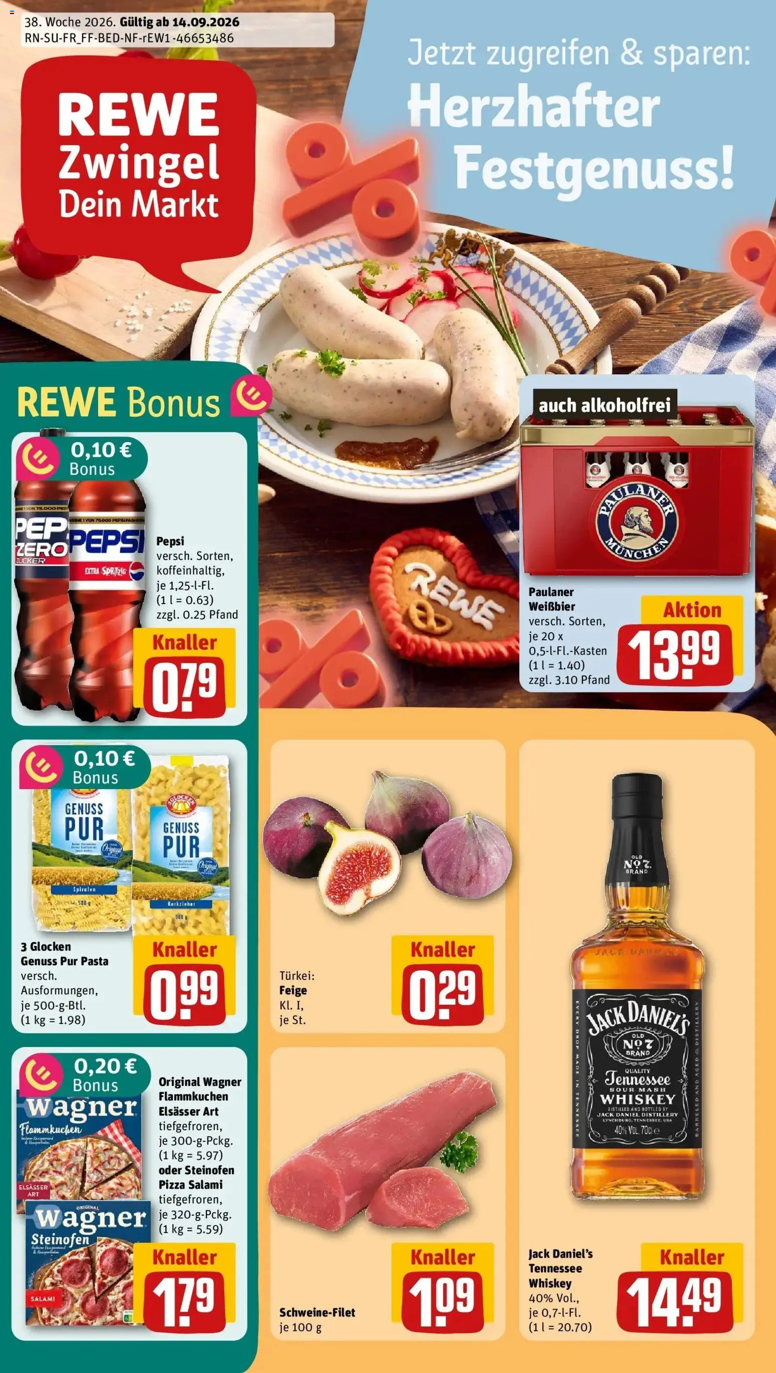 REWE Prospekt ab 14.09.2026 zum Blättern » Angebote | Seite: 1 | Produkte: Schweinefilet, Pizza, Whiskey, Paulaner