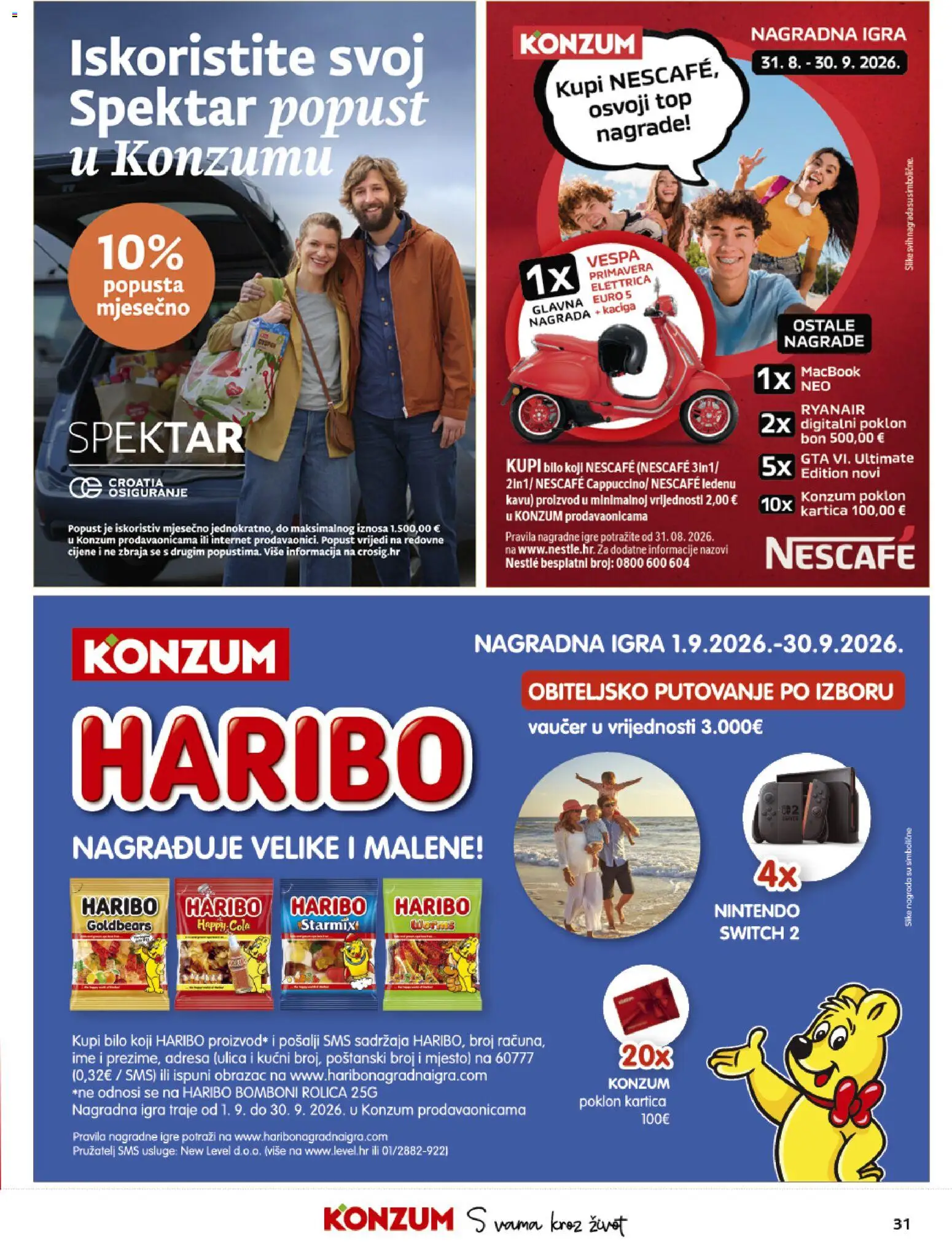 Konzum HR akciós ujság - amely érvényes a következő dátumtól: 2026.09.23. | Oldal: 31 | Termékek: Haribo, Nescafé, Nestlé, Switch