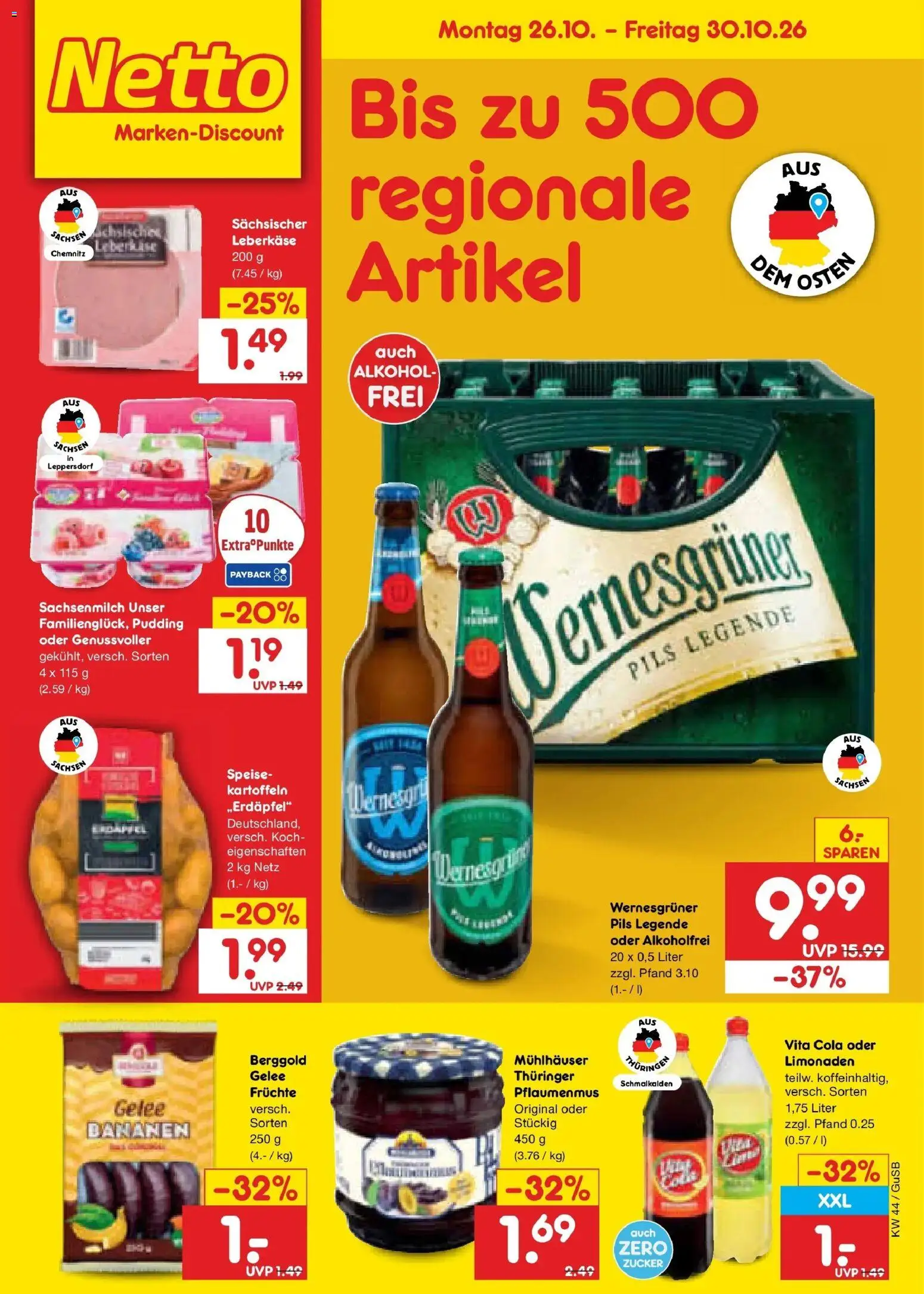 Netto Marken-Discount Prospekt Machern – gültig ab 26.10.2026 | Seite: 1 | Produkte: Cola, Kartoffeln, Alkohol, Zucker